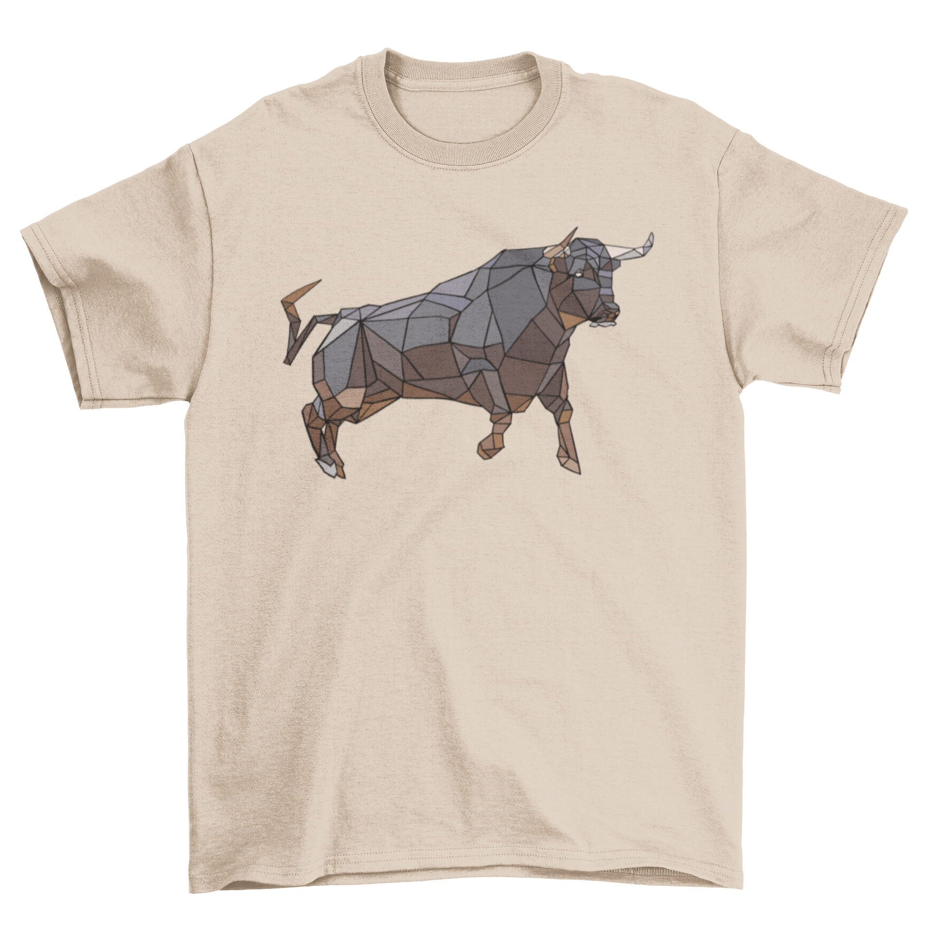 A stylish low poly t-shirt featuring a geometric bull design in vibrant colors, perfect for casual wear.