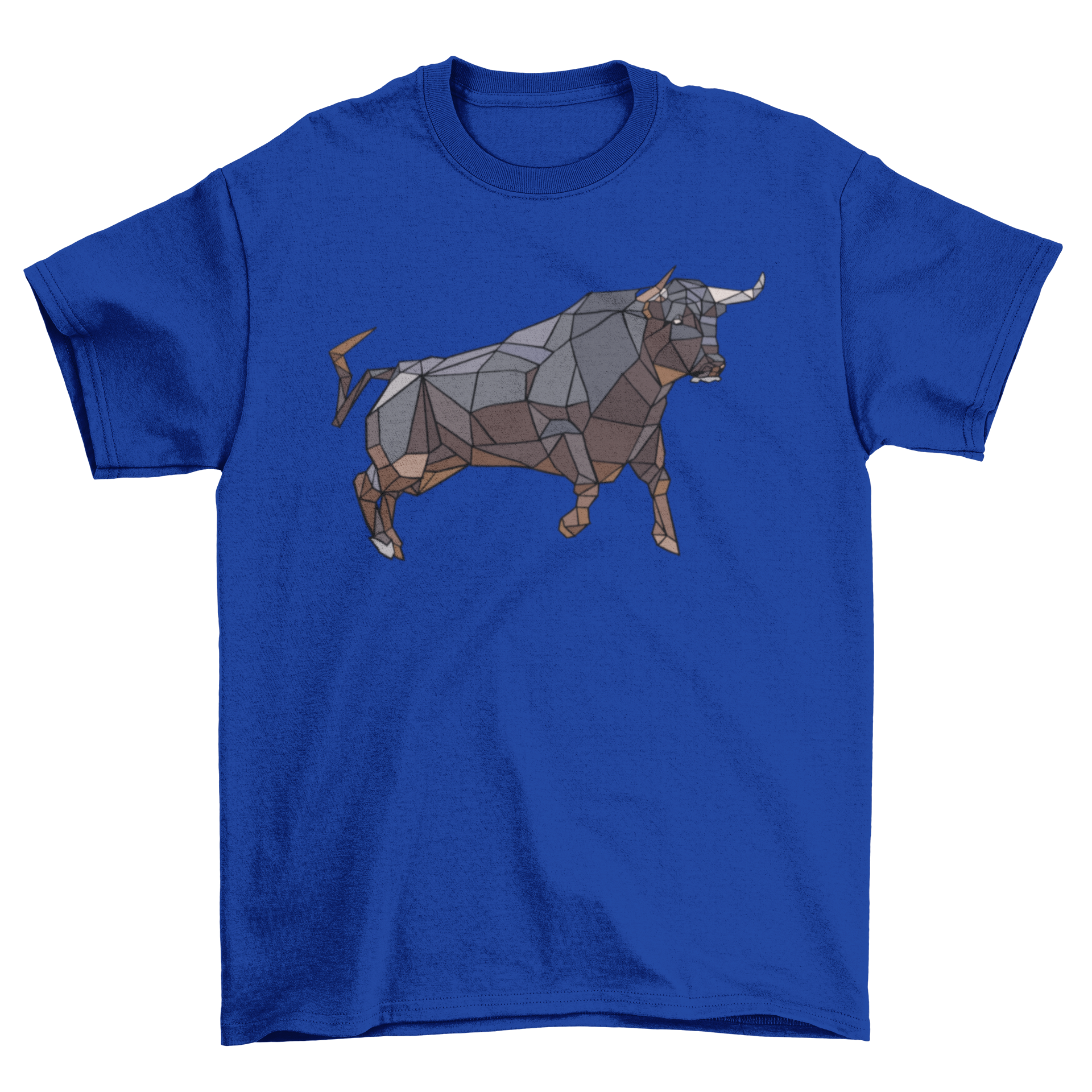 A stylish low poly t-shirt featuring a geometric bull design in vibrant colors, perfect for casual wear.