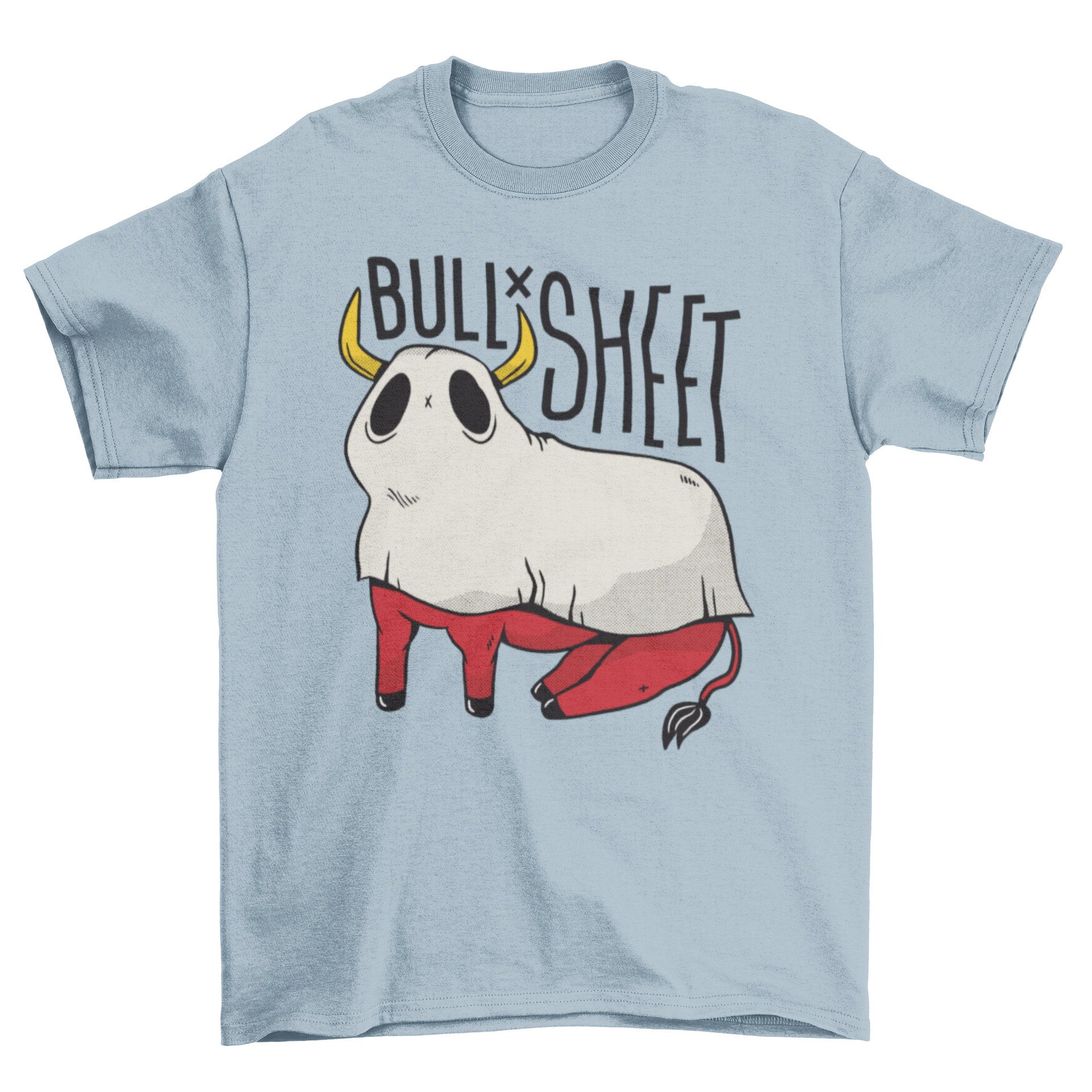 A humorous t-shirt featuring a bull covered with a sheet and the caption 'Bull Sheet'.