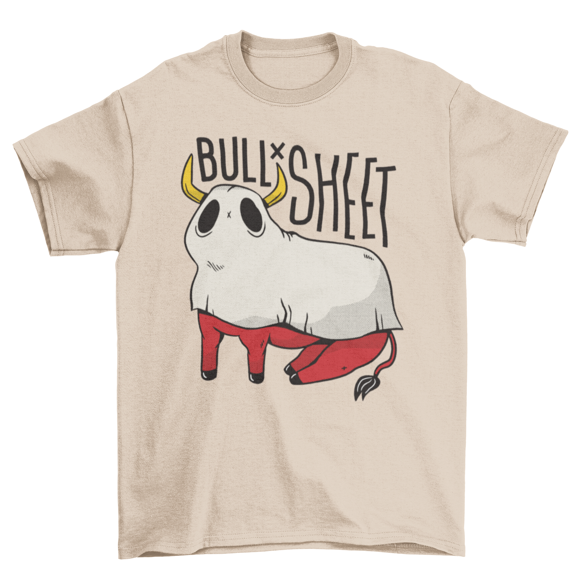 A humorous t-shirt featuring a bull covered with a sheet and the caption 'Bull Sheet'.