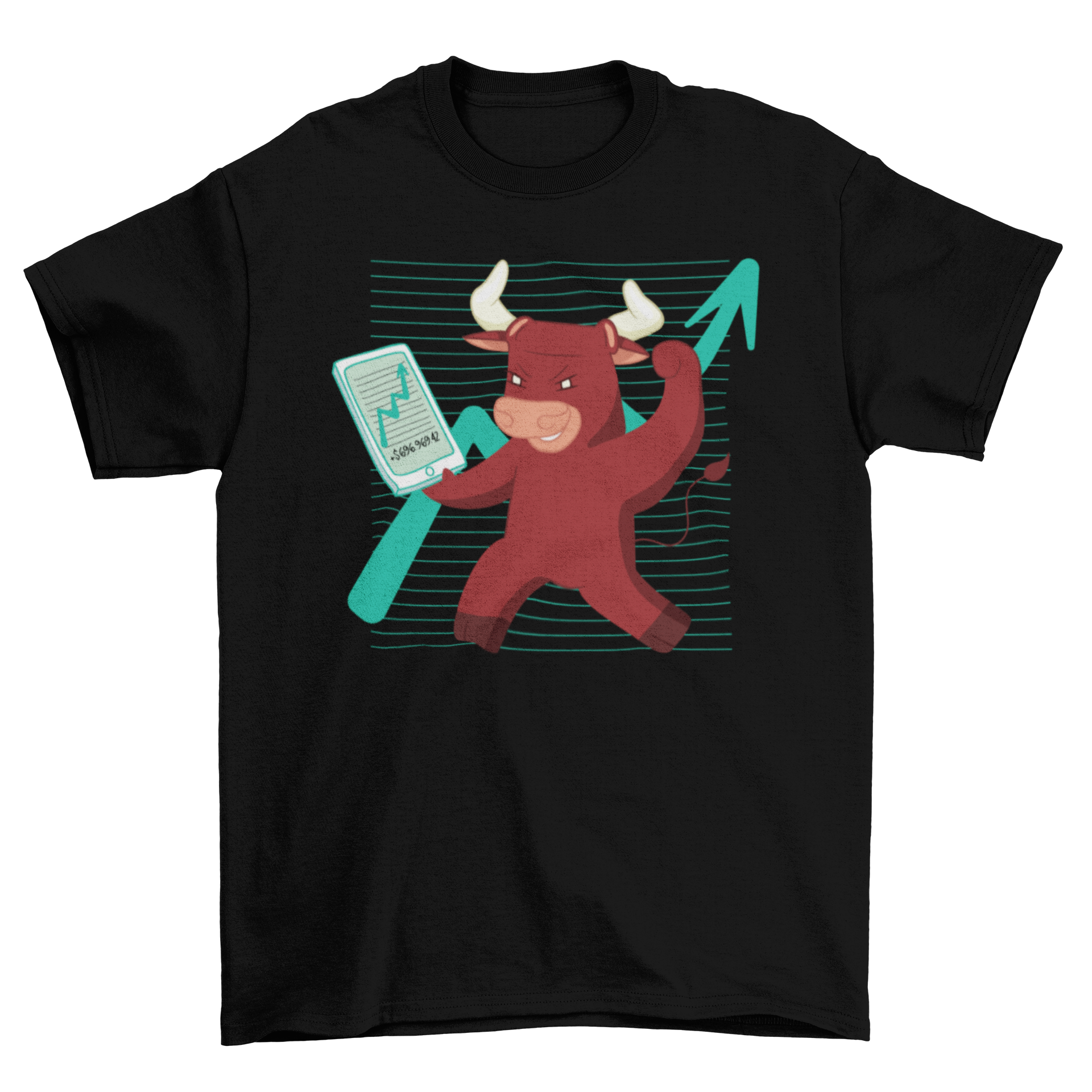 Bull Stocks T-Shirt featuring a bull illustration holding a stock chart, perfect for stock market enthusiasts.