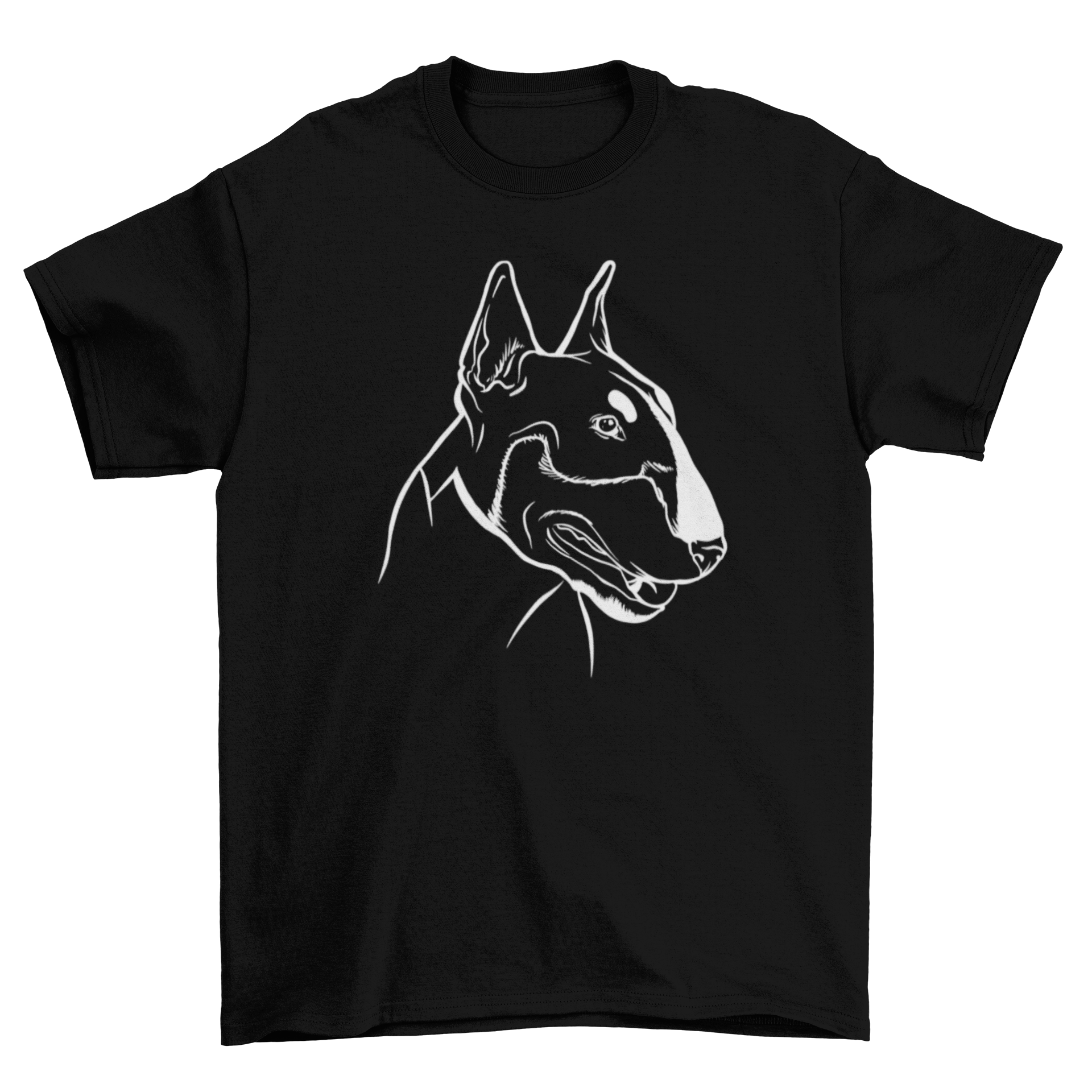 Chalkboard style illustration of a bull terrier on a stylish t-shirt.