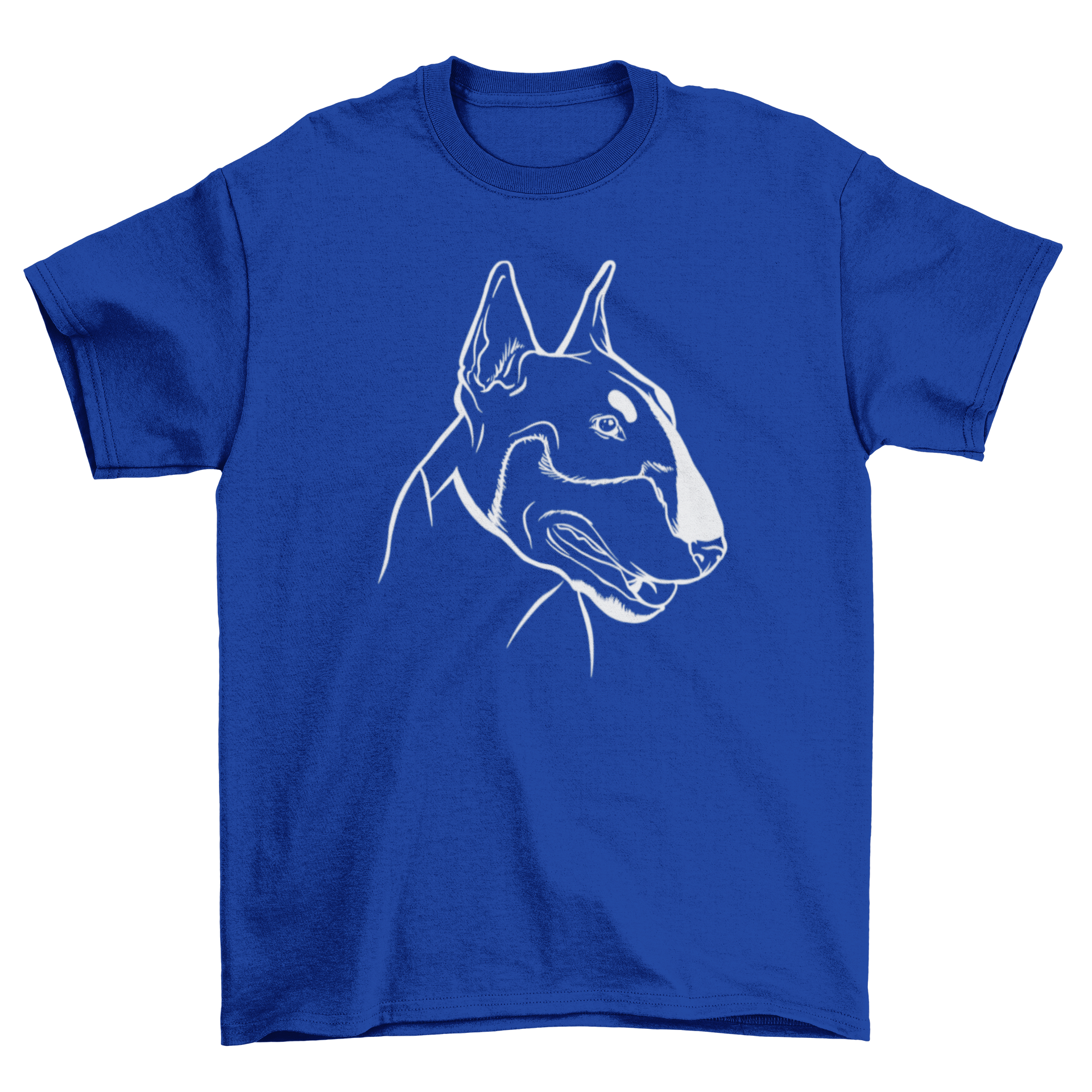 Chalkboard style illustration of a bull terrier on a stylish t-shirt.