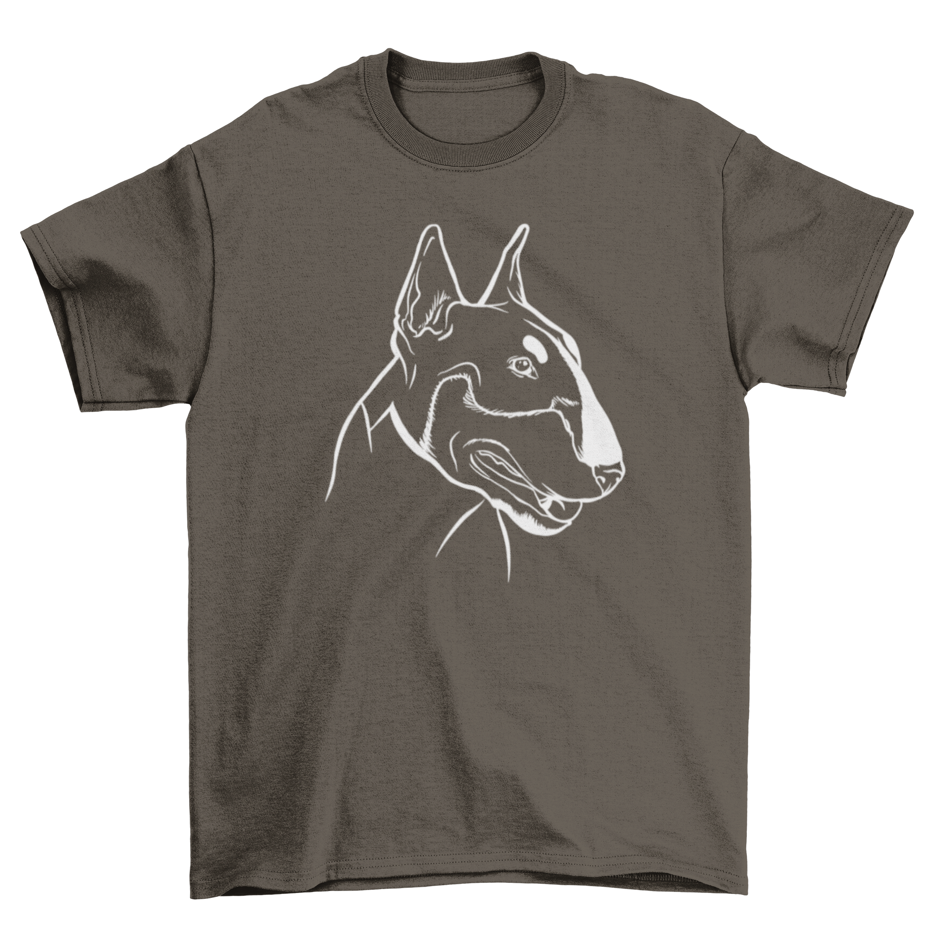 Chalkboard style illustration of a bull terrier on a stylish t-shirt.