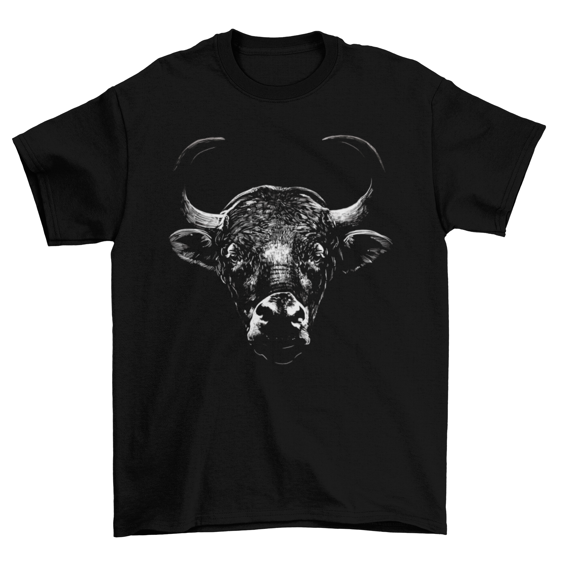 A realistic t-shirt design featuring a majestic bull, showcasing intricate details and vibrant colors.