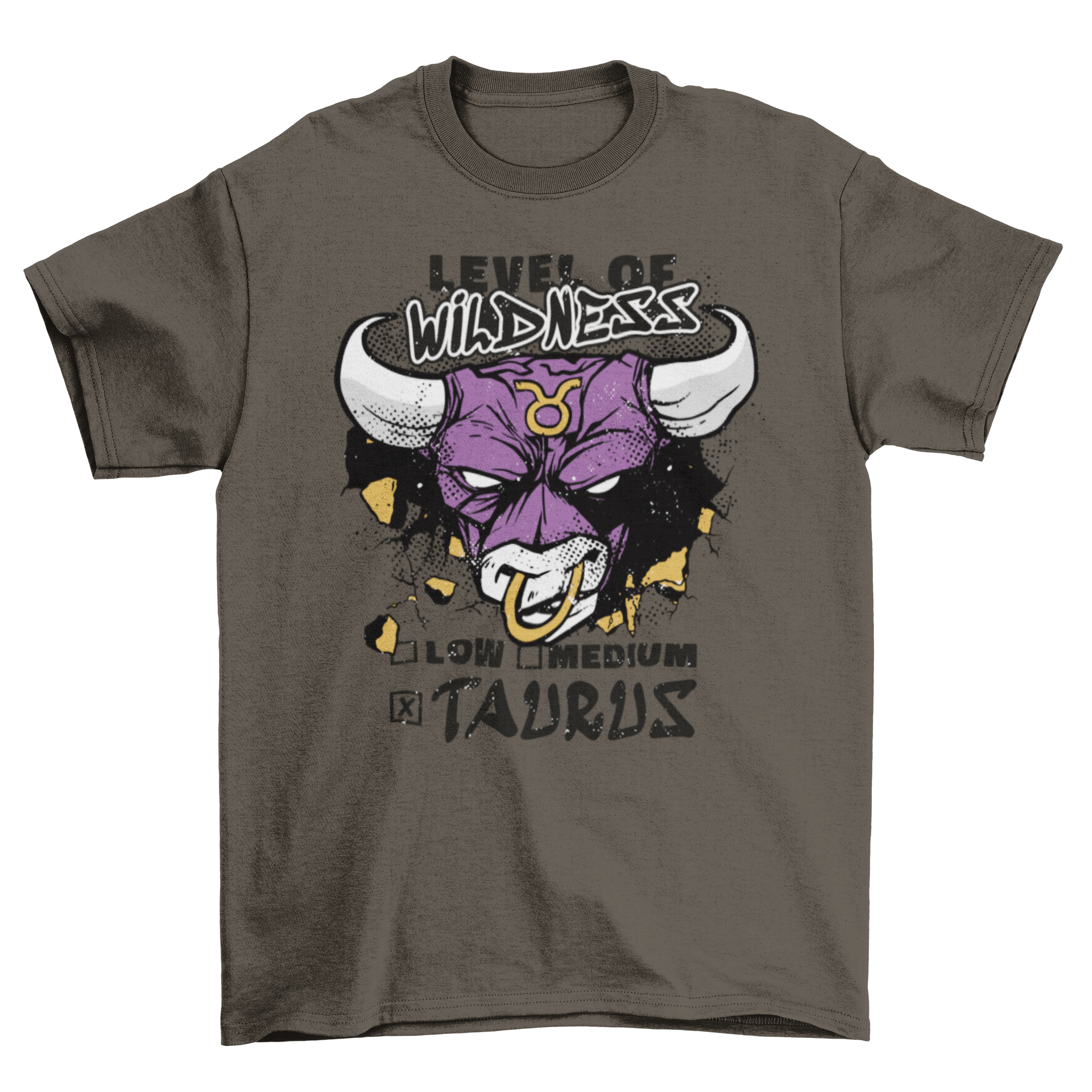 A stylish Bull Taurus Zodiac T-shirt featuring a bold bull graphic and the quote 'Level of wildness'.