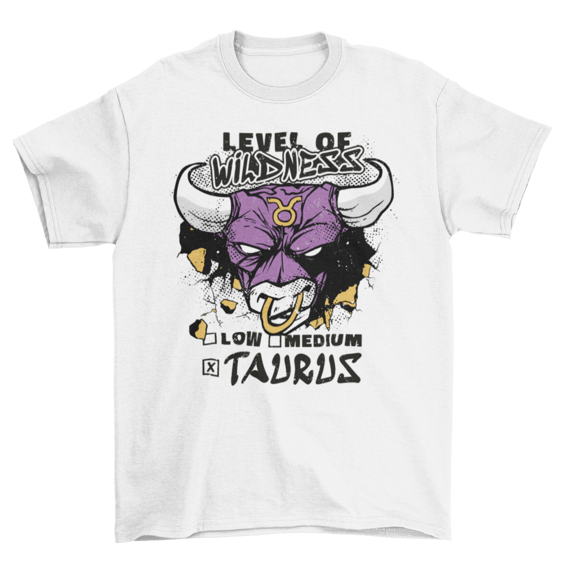 A stylish Bull Taurus Zodiac T-shirt featuring a bold bull graphic and the quote 'Level of wildness'.