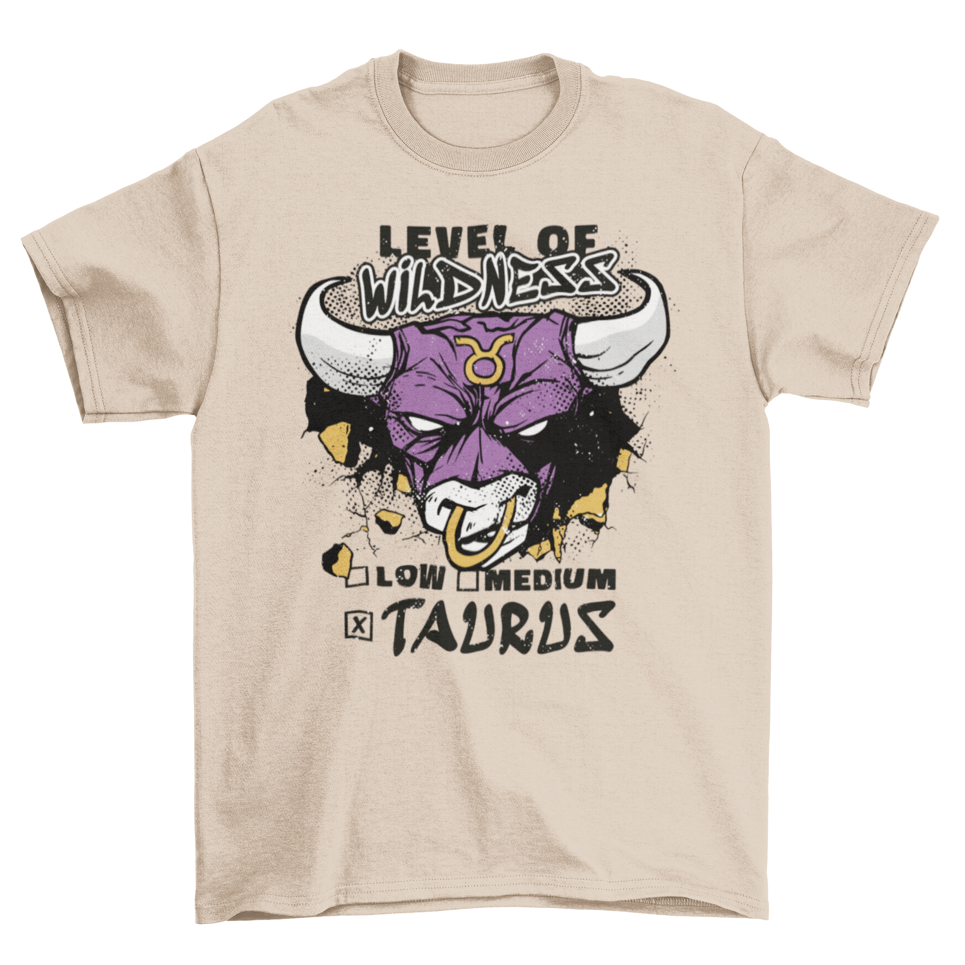 A stylish Bull Taurus Zodiac T-shirt featuring a bold bull graphic and the quote 'Level of wildness'.