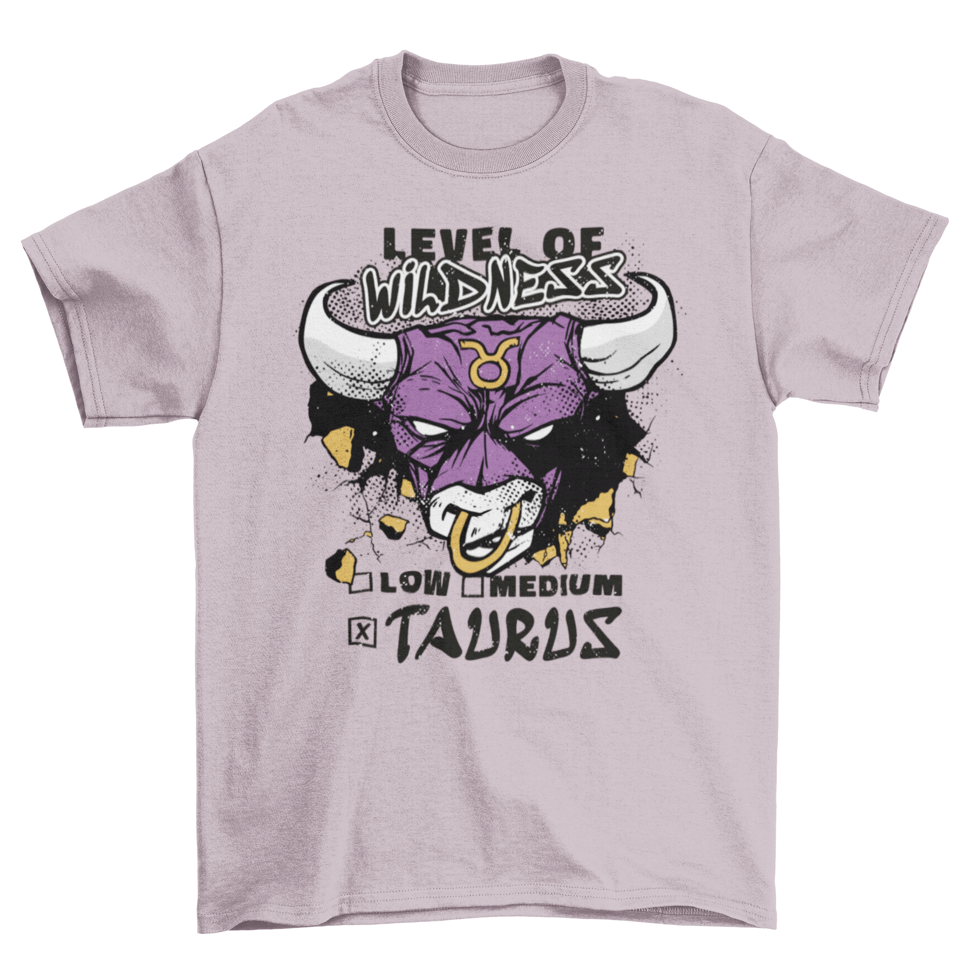 A stylish Bull Taurus Zodiac T-shirt featuring a bold bull graphic and the quote 'Level of wildness'.