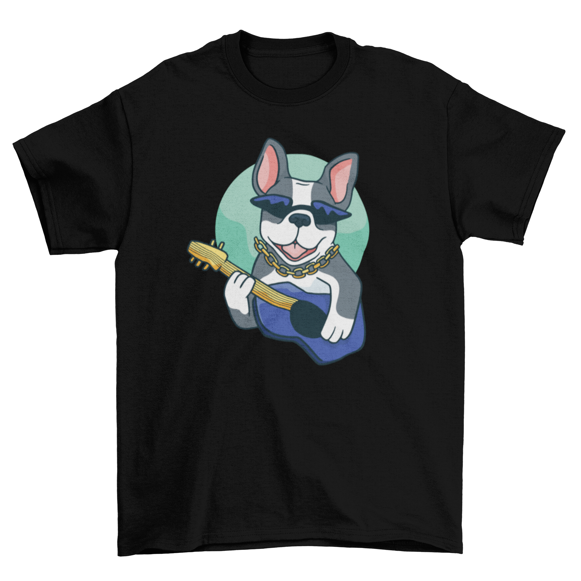 A humorous t-shirt featuring a French bulldog playing a guitar, showcasing a fun and playful design.