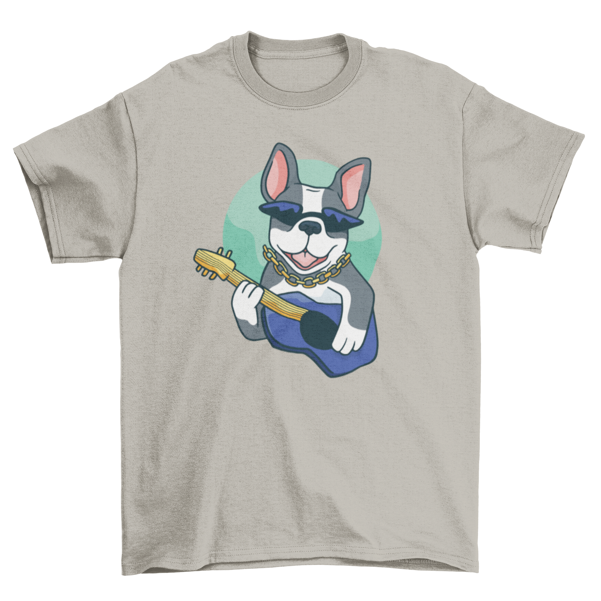 A humorous t-shirt featuring a French bulldog playing a guitar, showcasing a fun and playful design.