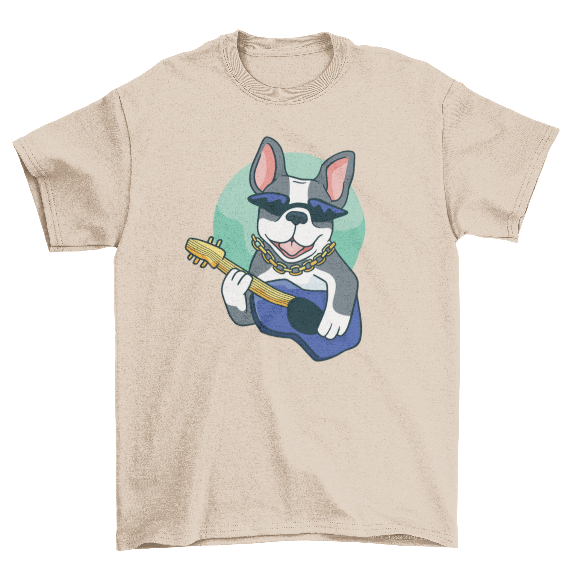 A humorous t-shirt featuring a French bulldog playing a guitar, showcasing a fun and playful design.