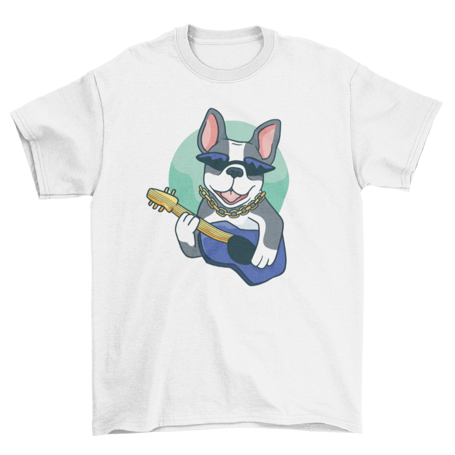 A humorous t-shirt featuring a French bulldog playing a guitar, showcasing a fun and playful design.