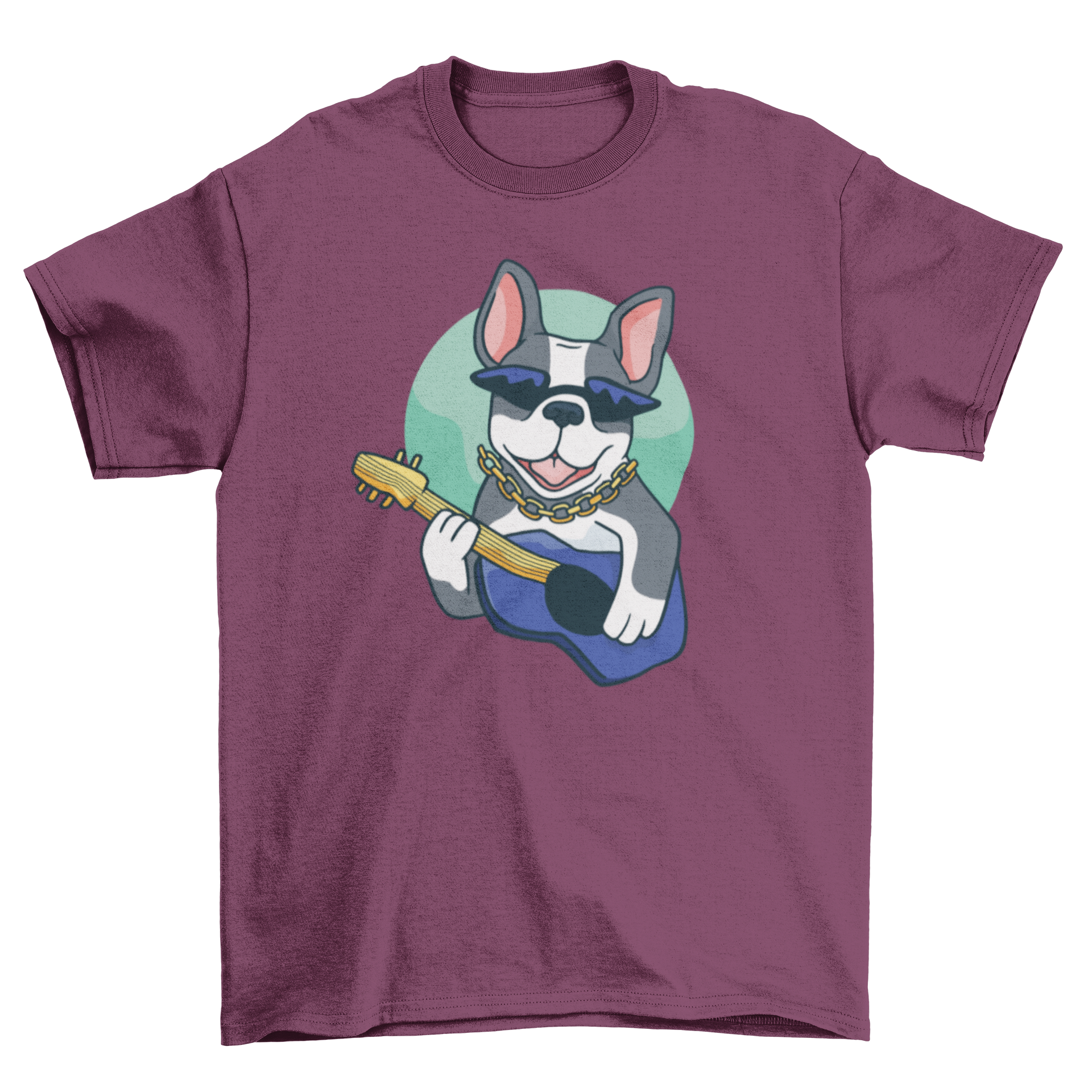 A humorous t-shirt featuring a French bulldog playing a guitar, showcasing a fun and playful design.