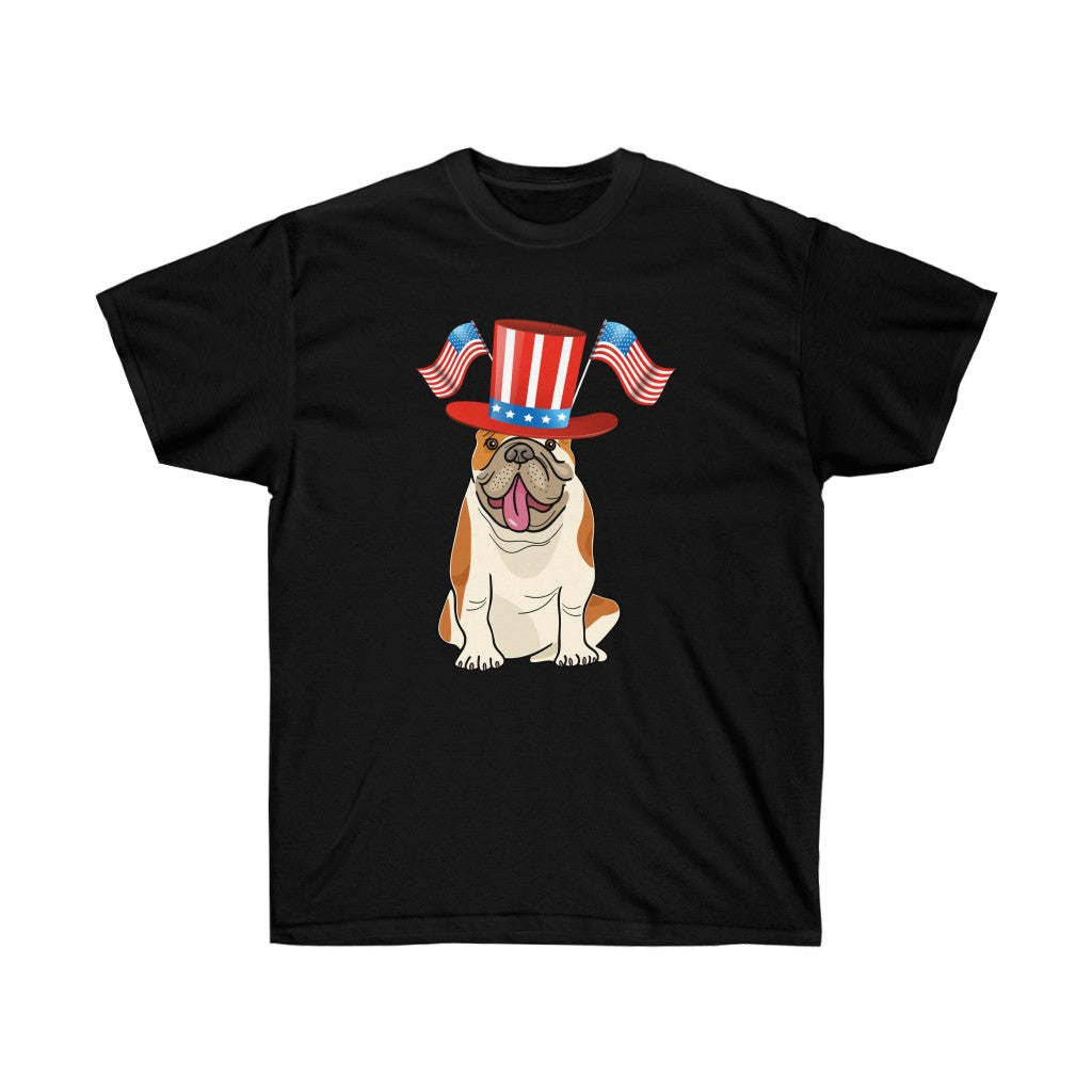 Bulldog is Good Love America Patriotic T-Shirt featuring vibrant vinyl print on soft cotton fabric.