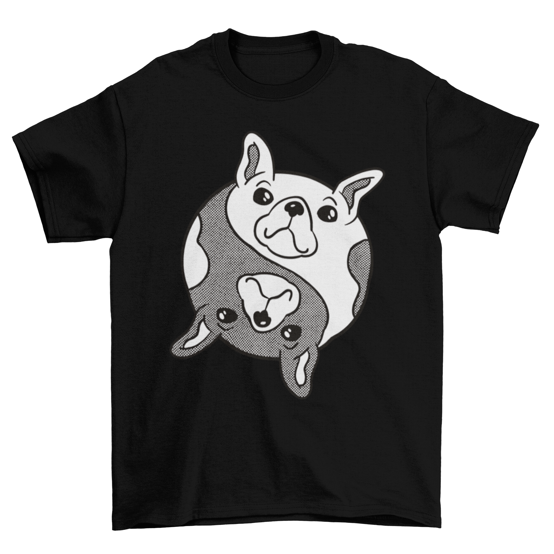 Bulldog Yin Yang Dog T-shirt featuring black and white bulldogs in a stylish design.