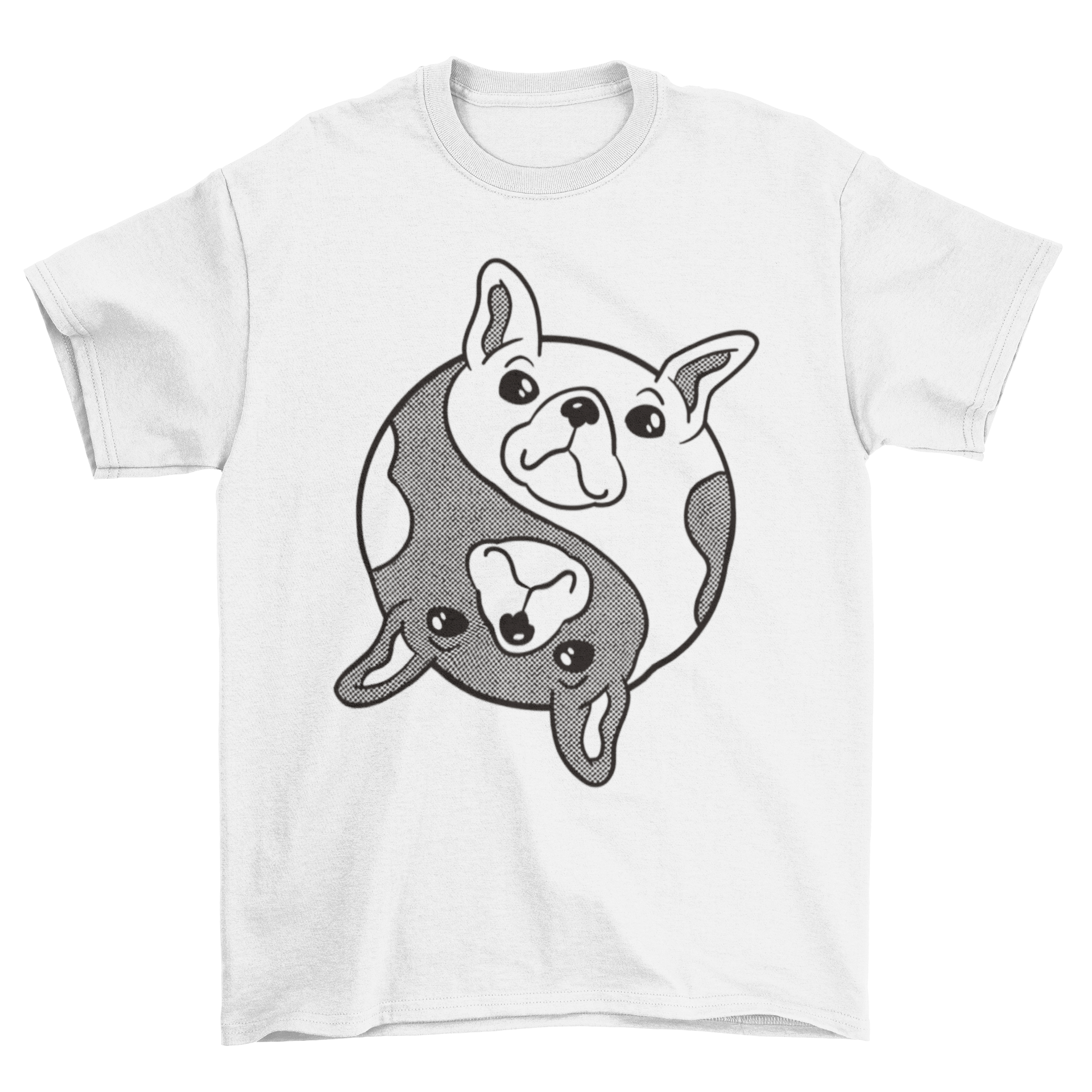 Bulldog Yin Yang Dog T-shirt featuring black and white bulldogs in a stylish design.