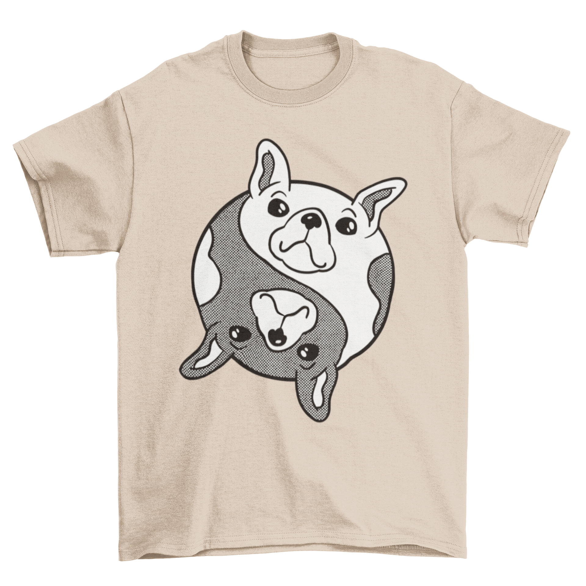 Bulldog Yin Yang Dog T-shirt featuring black and white bulldogs in a stylish design.