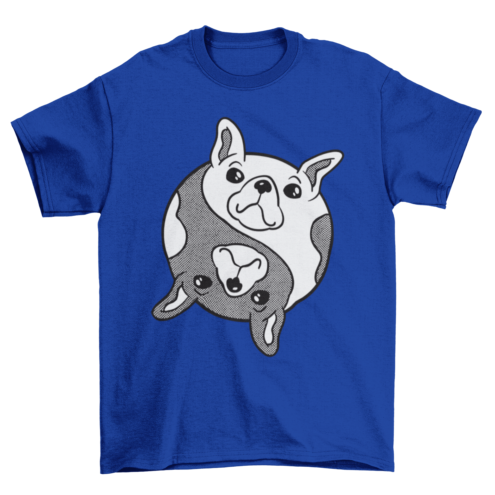 Bulldog Yin Yang Dog T-shirt featuring black and white bulldogs in a stylish design.