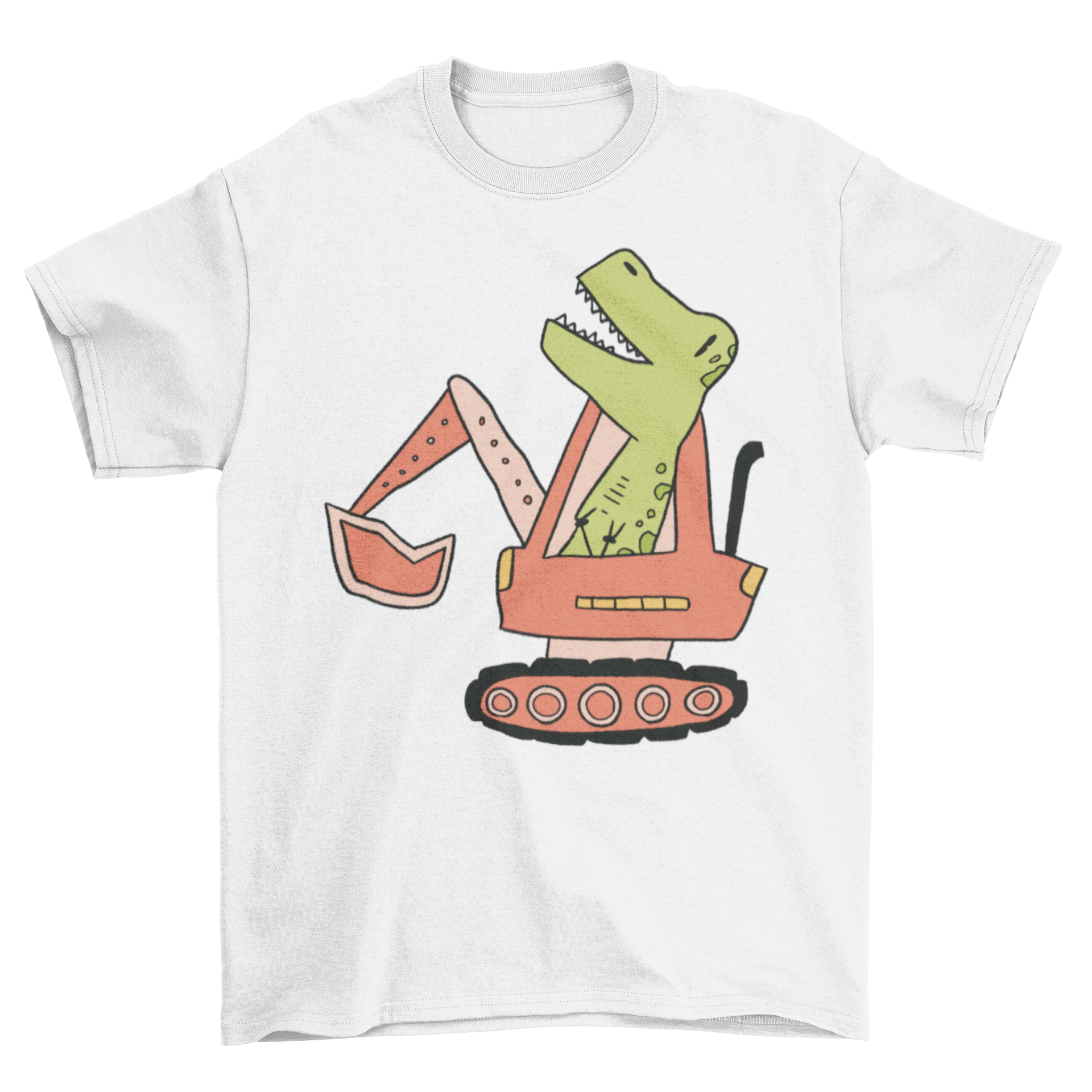 A colorful t-shirt featuring a dinosaur driving a bulldozer, perfect for kids.