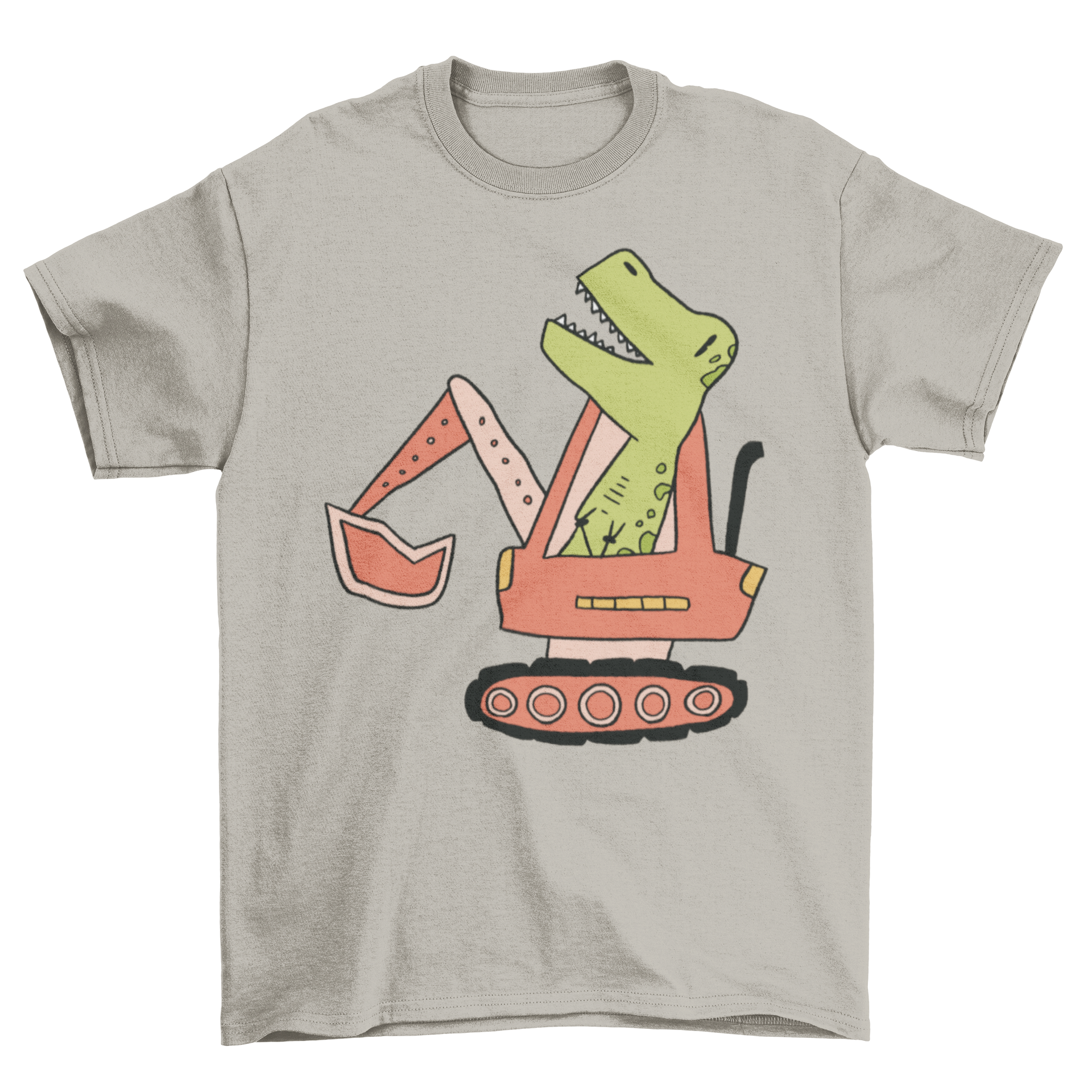 A colorful t-shirt featuring a dinosaur driving a bulldozer, perfect for kids.