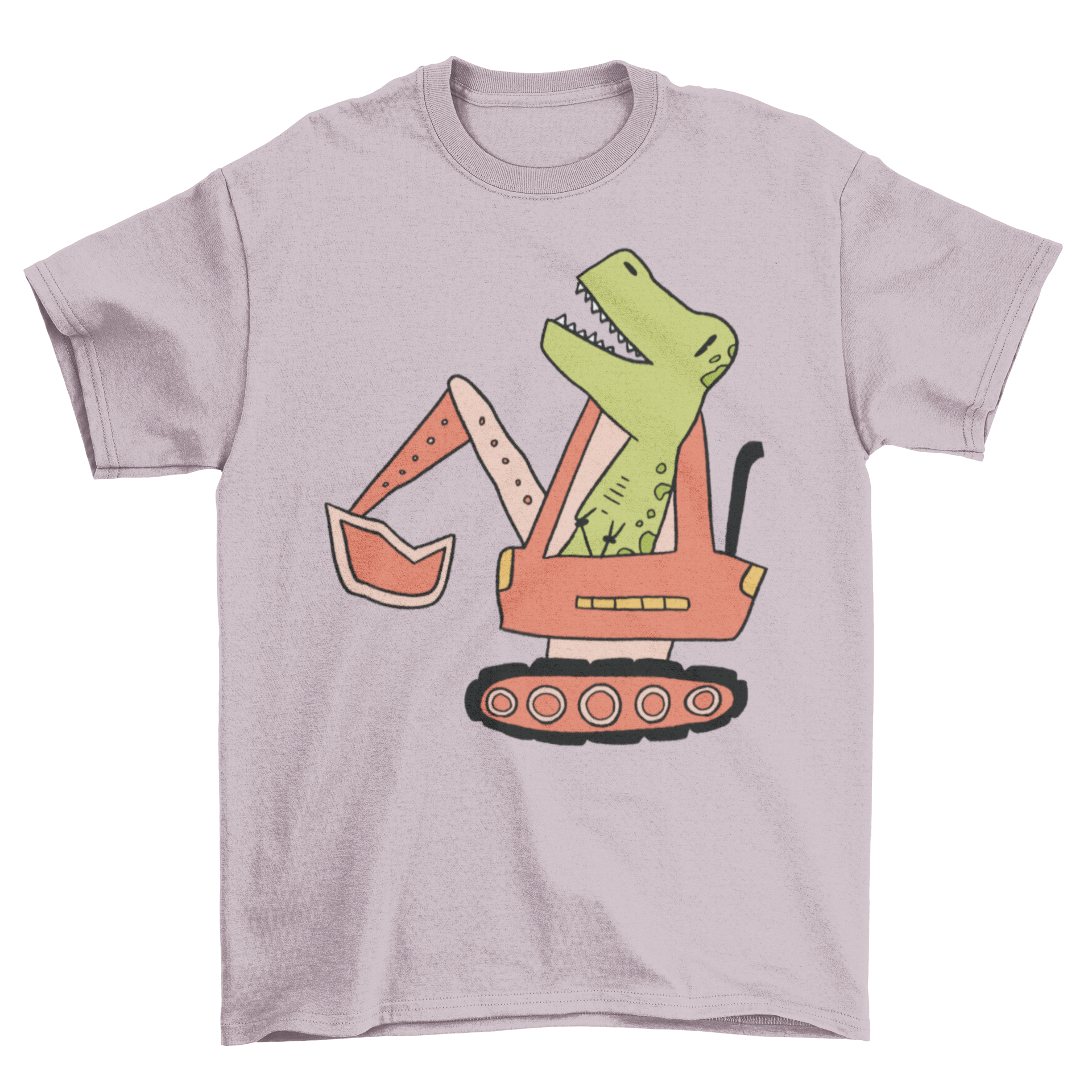 A colorful t-shirt featuring a dinosaur driving a bulldozer, perfect for kids.