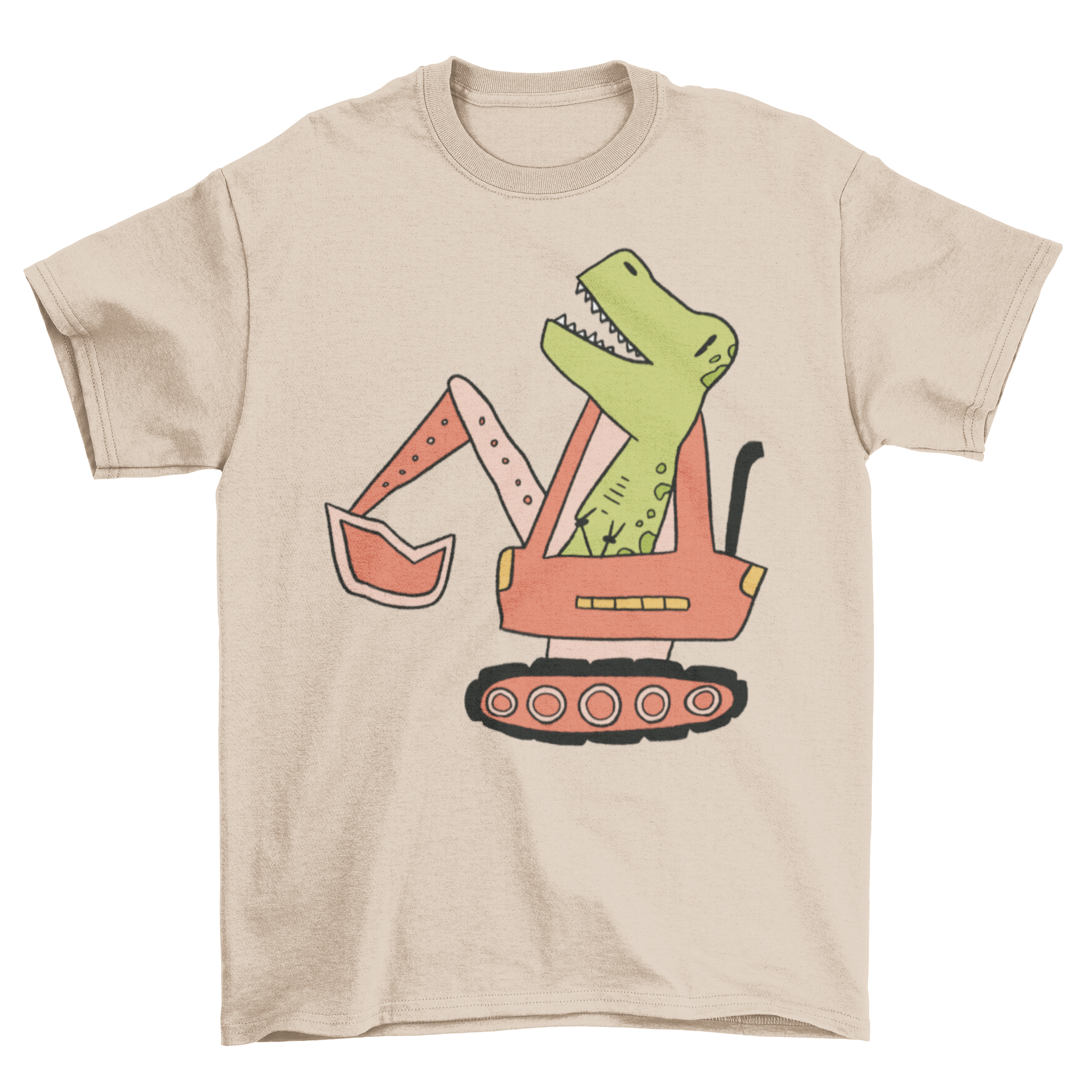 A colorful t-shirt featuring a dinosaur driving a bulldozer, perfect for kids.