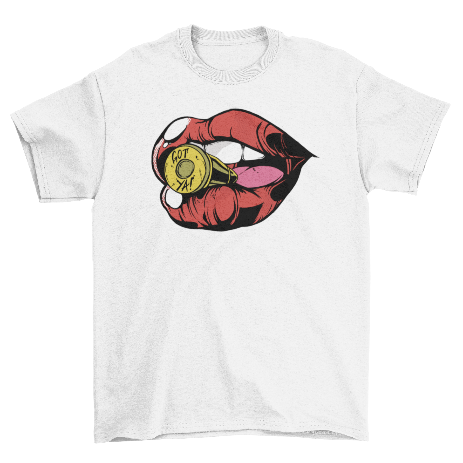 A stylish t-shirt featuring a comic-style graphic of a bullet between lips, showcasing an edgy design.