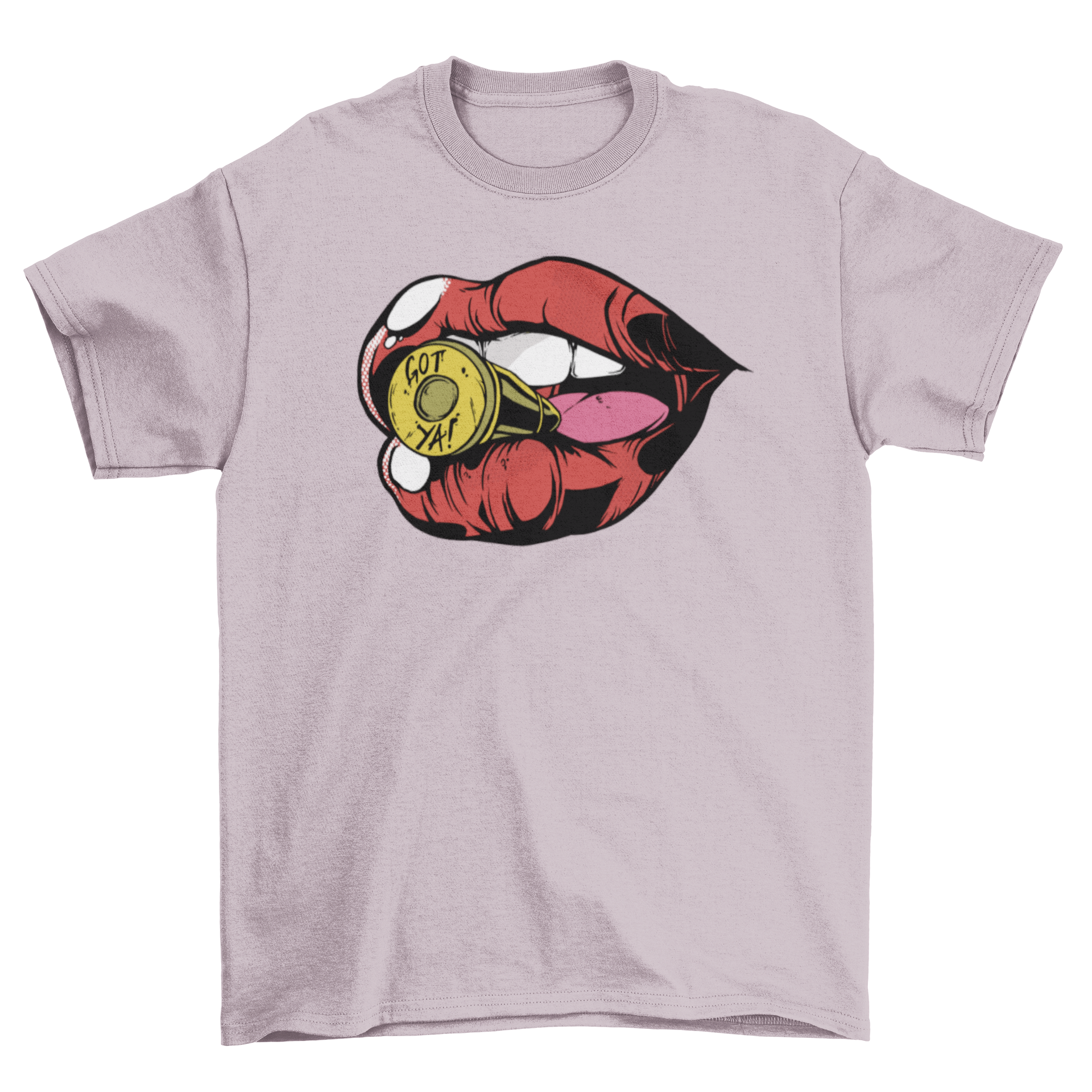 A stylish t-shirt featuring a comic-style graphic of a bullet between lips, showcasing an edgy design.