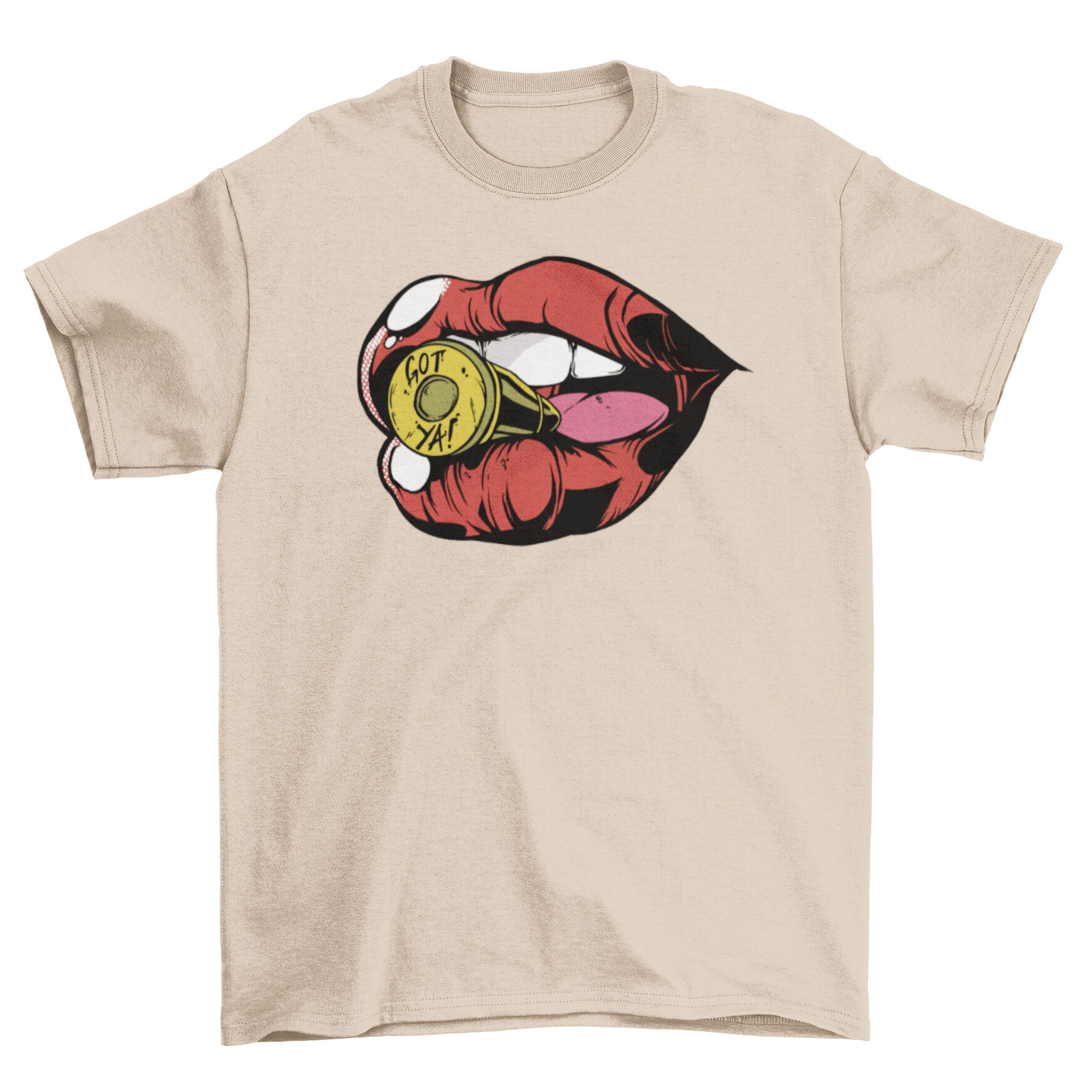 A stylish t-shirt featuring a comic-style graphic of a bullet between lips, showcasing an edgy design.