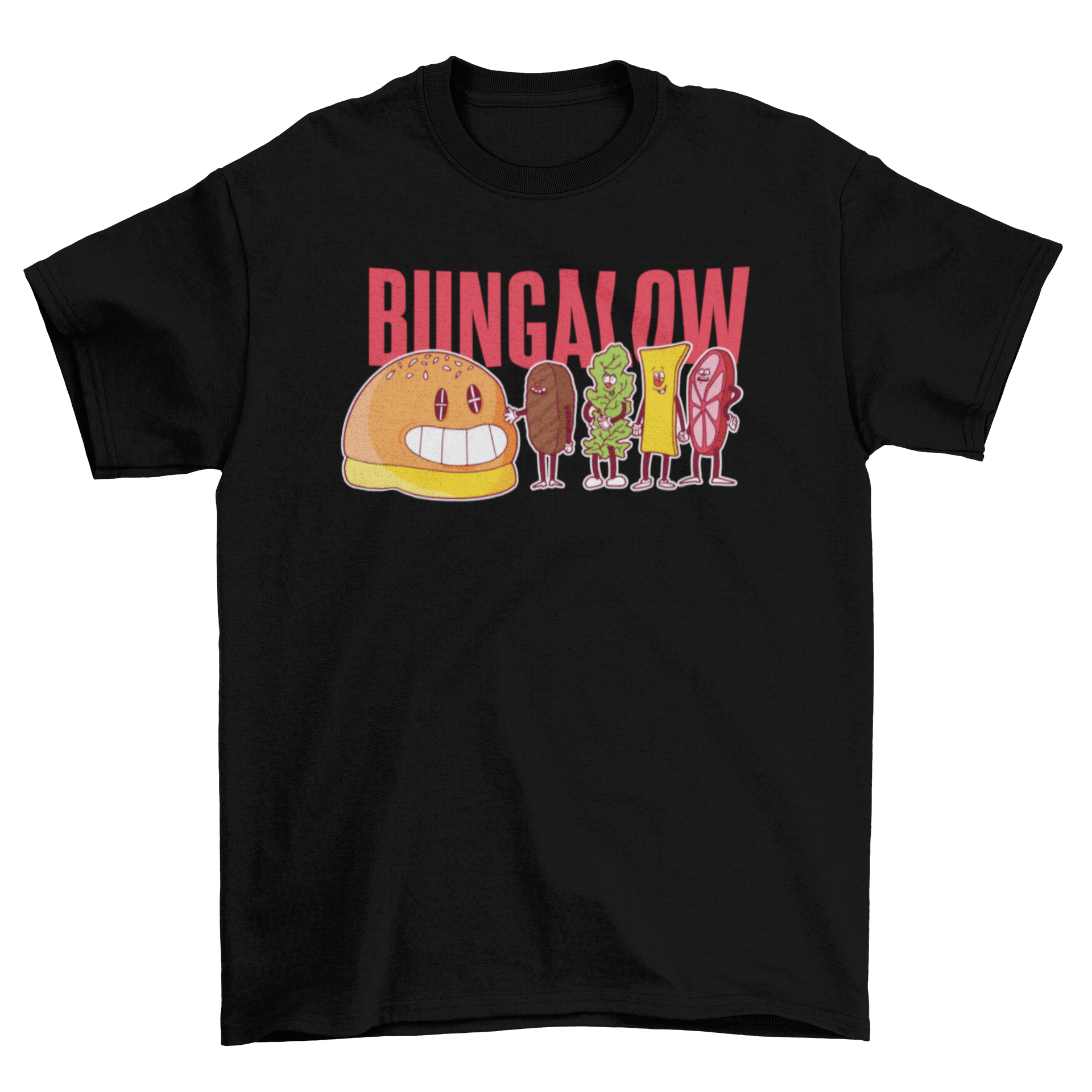 Bungalow burger t-shirt featuring colorful burger ingredients and humorous caption.