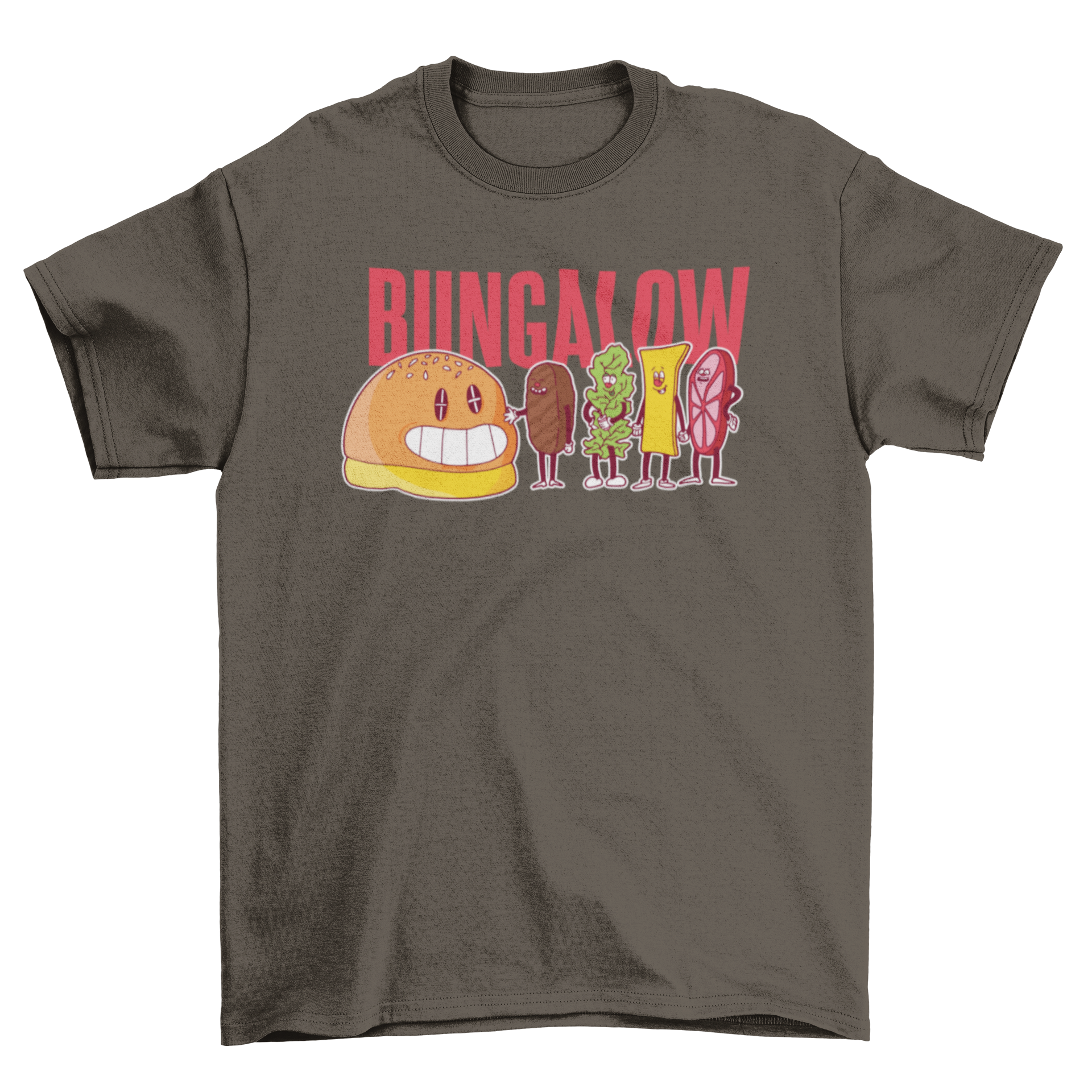 Bungalow burger t-shirt featuring colorful burger ingredients and humorous caption.