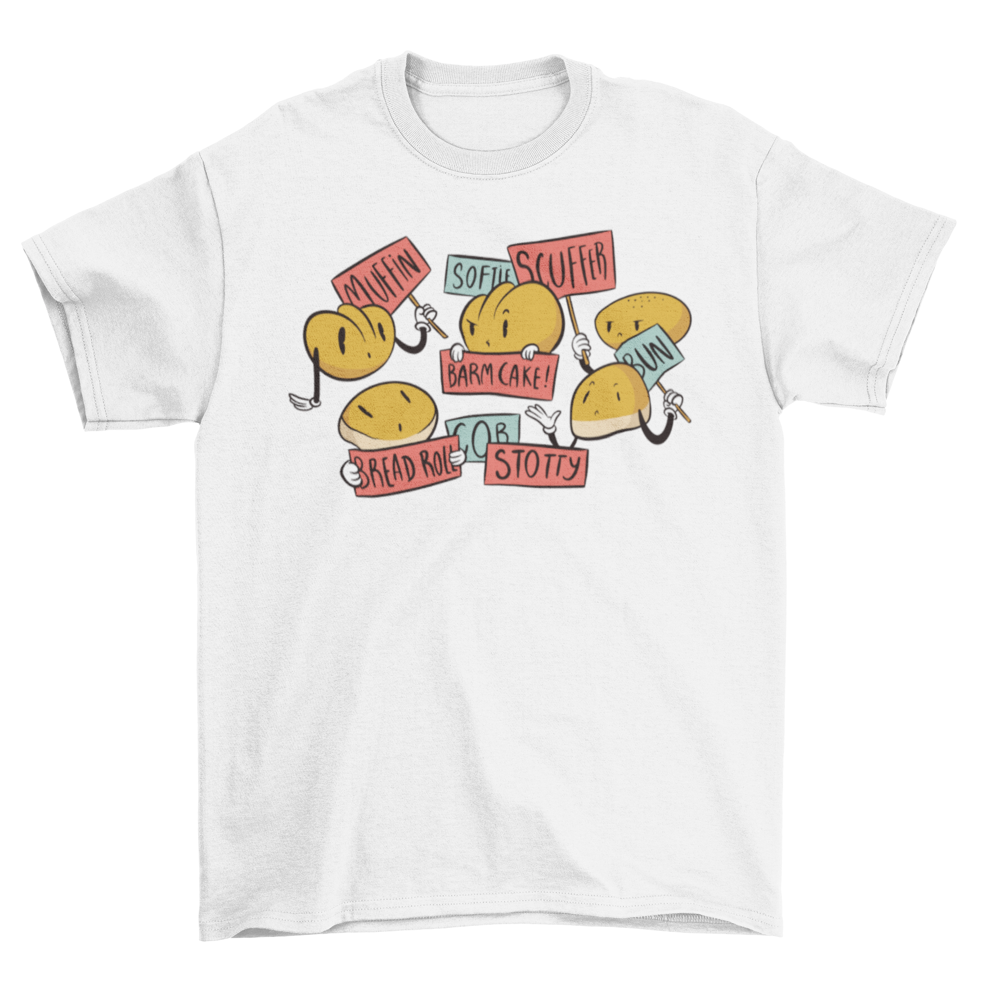 A colorful cartoon t-shirt featuring various breads and buns in a playful design.