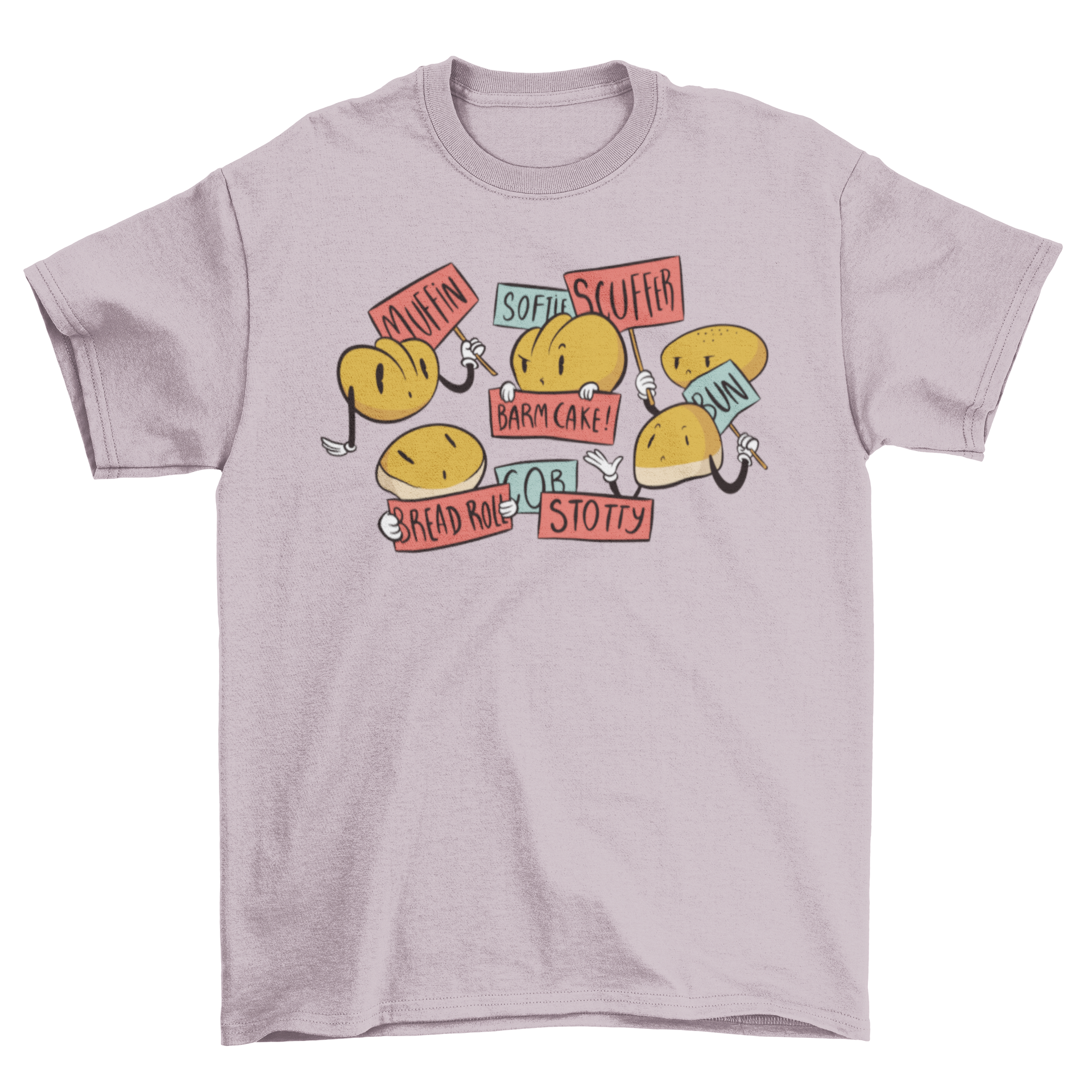 A colorful cartoon t-shirt featuring various breads and buns in a playful design.