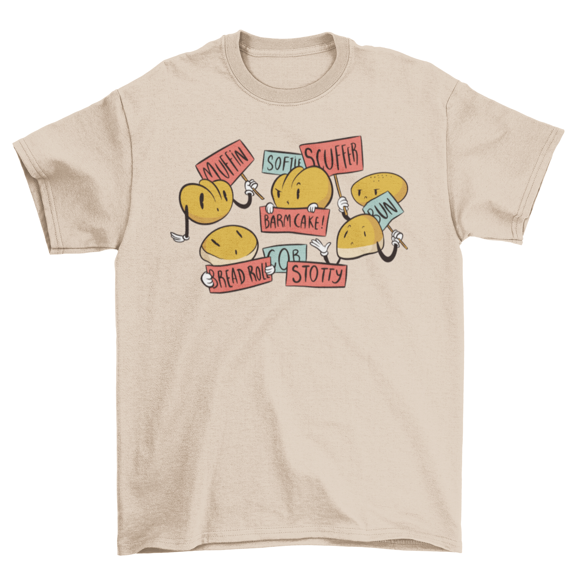 A colorful cartoon t-shirt featuring various breads and buns in a playful design.