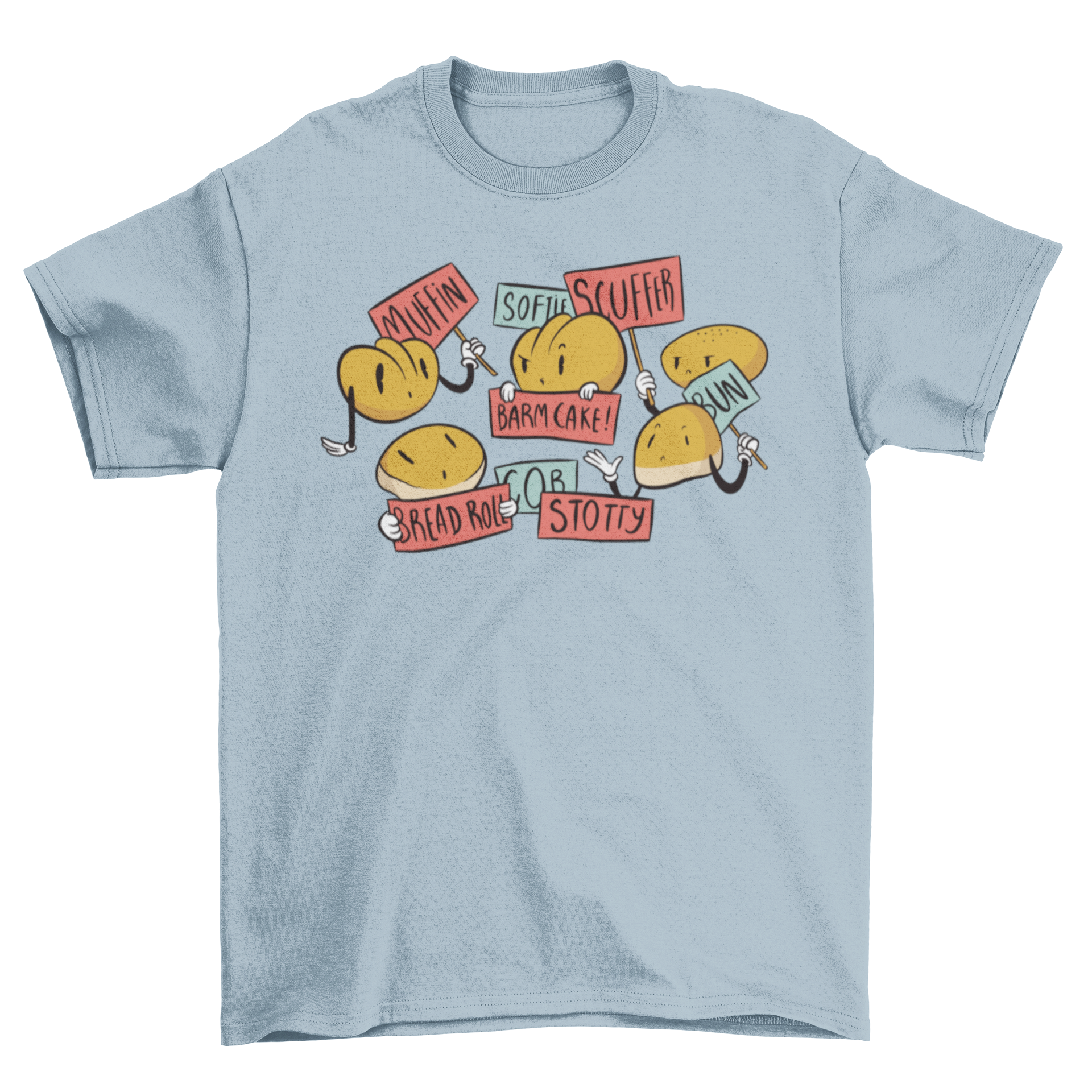 A colorful cartoon t-shirt featuring various breads and buns in a playful design.