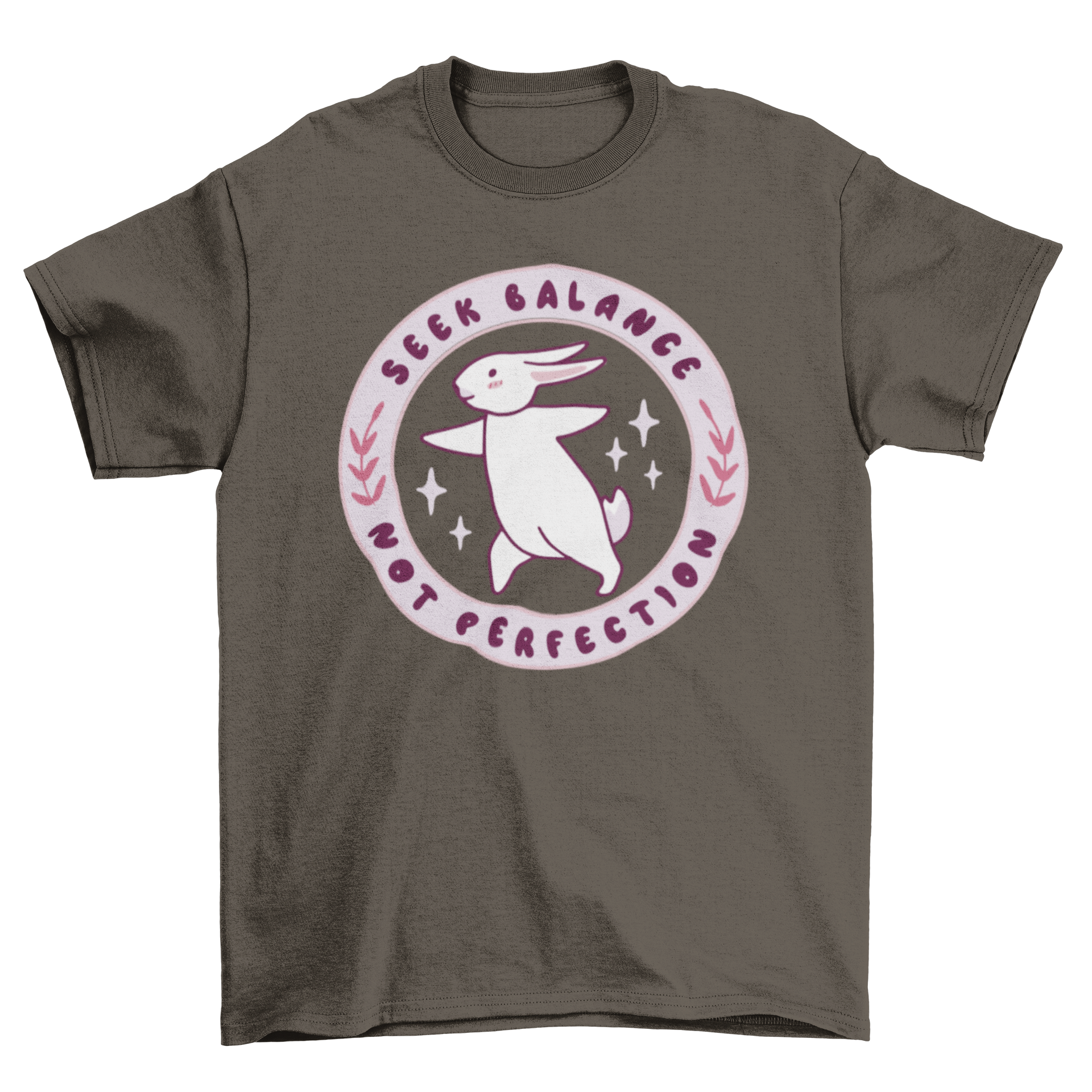 A cute t-shirt featuring a bunny in a yoga pose with the quote 'Seek balance not perfection'.