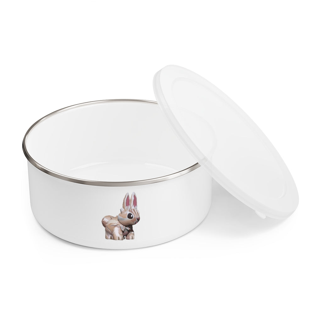 Stylish Bunny Enamel Bowl made of stainless steel with a translucent lid, featuring a hipster chic design and anti-slip backing.