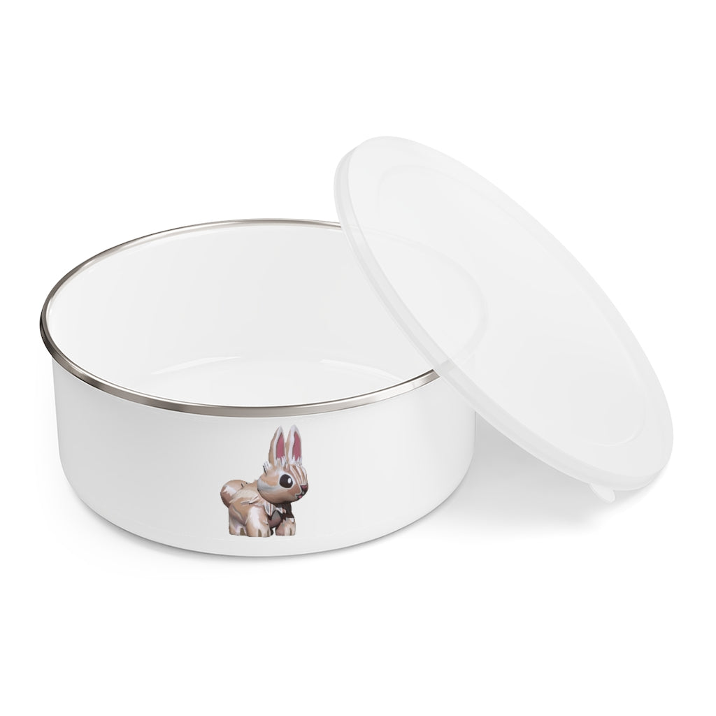 Stylish Bunny Enamel Bowl made of stainless steel with a translucent lid, featuring a hipster chic design and anti-slip backing.