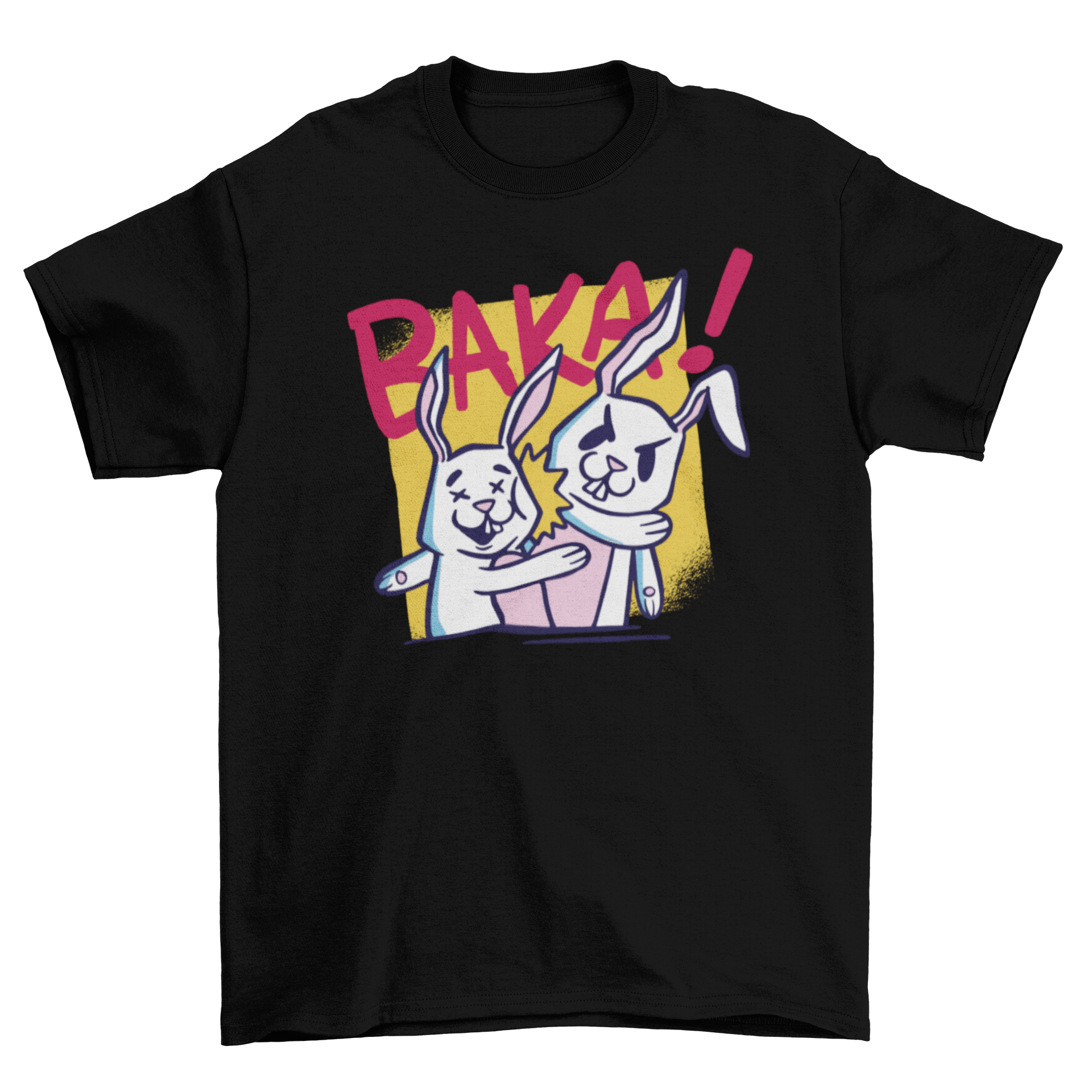 A humorous t-shirt design featuring a rabbit slapping another rabbit with the quote 'Baka!' in the background.