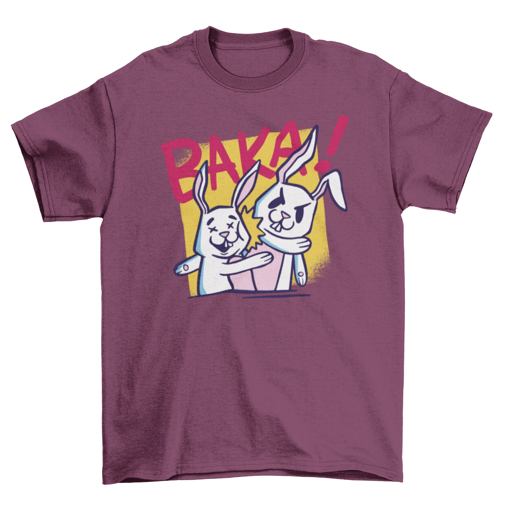 A humorous t-shirt design featuring a rabbit slapping another rabbit with the quote 'Baka!' in the background.