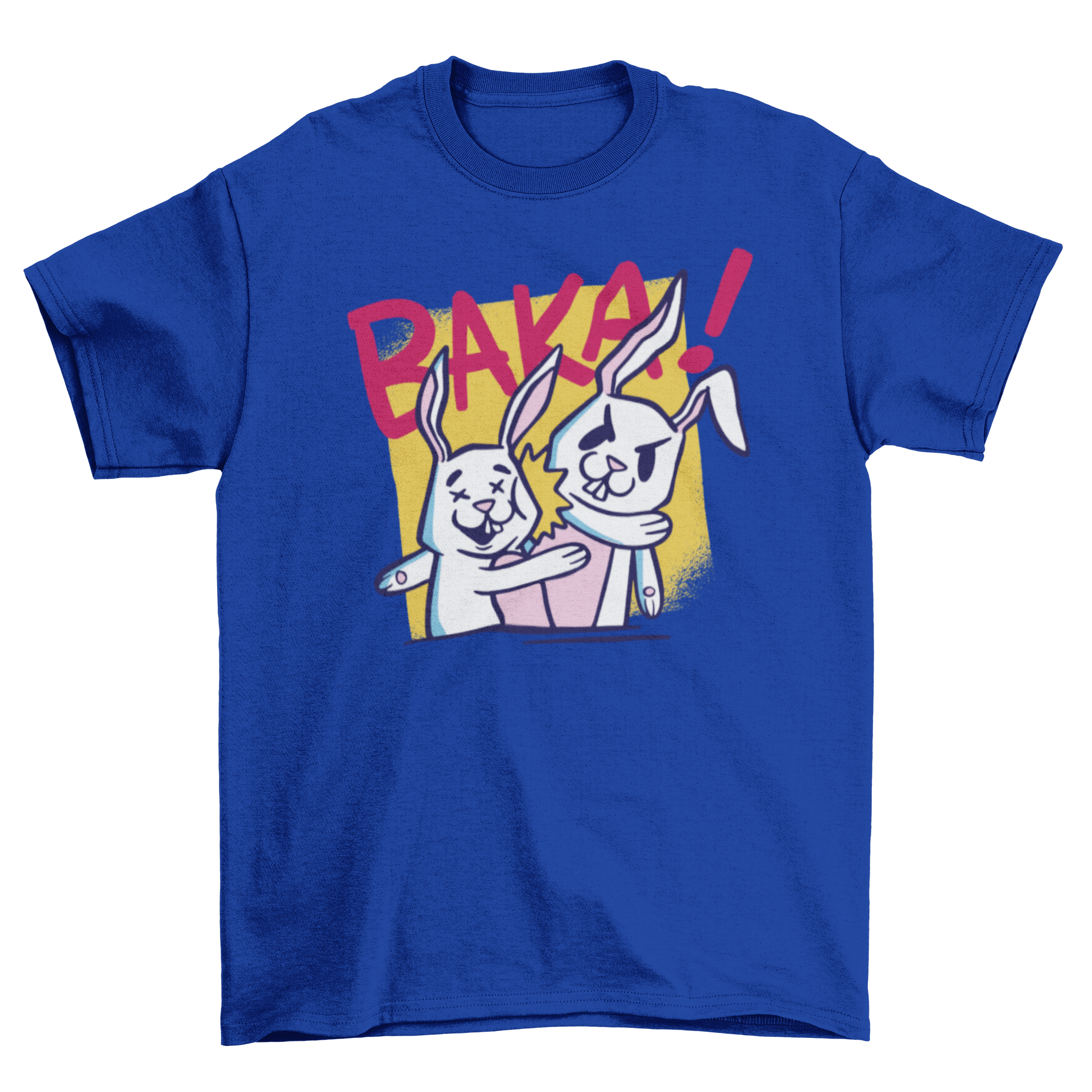 A humorous t-shirt design featuring a rabbit slapping another rabbit with the quote 'Baka!' in the background.