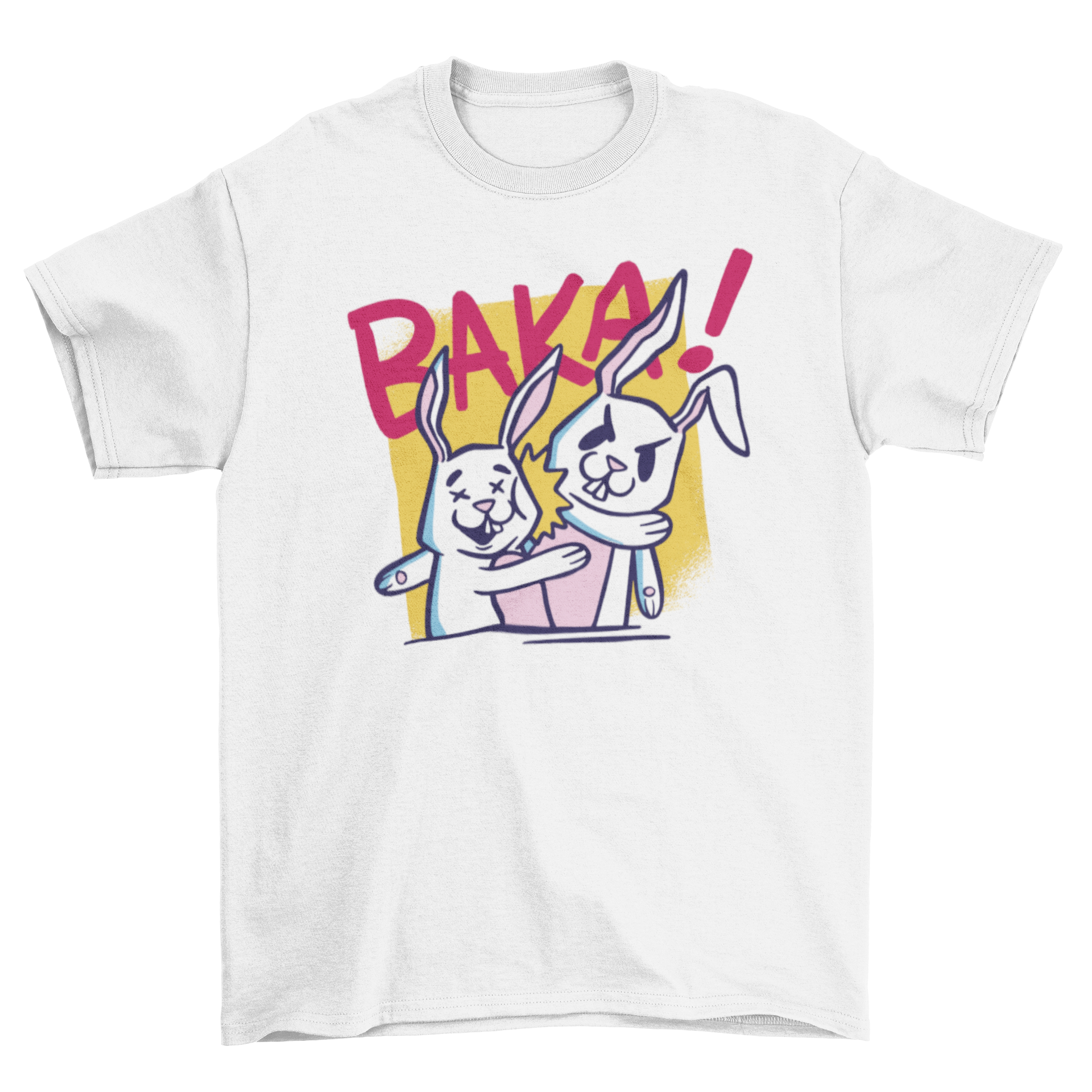 A humorous t-shirt design featuring a rabbit slapping another rabbit with the quote 'Baka!' in the background.