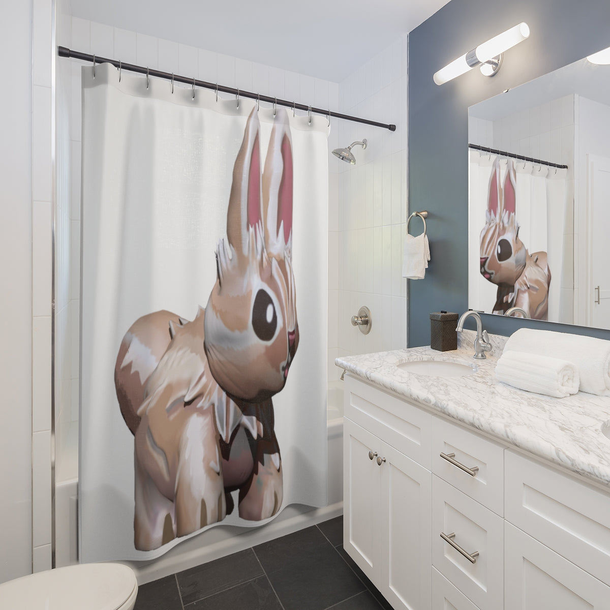 Colorful Bunny Shower Curtain made of durable polyester, featuring playful bunny designs, perfect for adding charm to any bathroom.