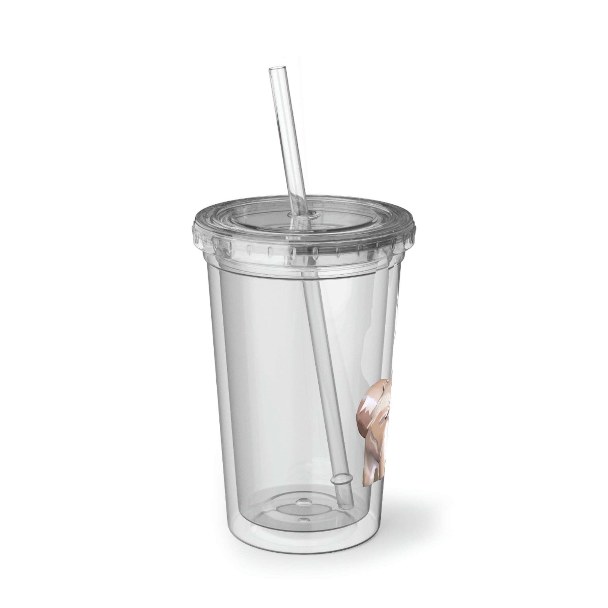 Bunny Suave Acrylic Cup with a vibrant design, featuring a plastic lid and straw, showcasing its double-wall insulation.