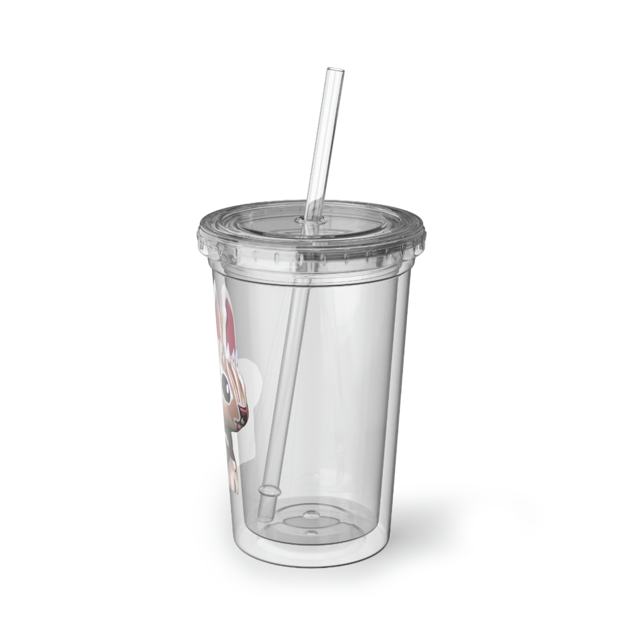 Bunny Suave Acrylic Cup with a vibrant design, featuring a plastic lid and straw, showcasing its double-wall insulation.