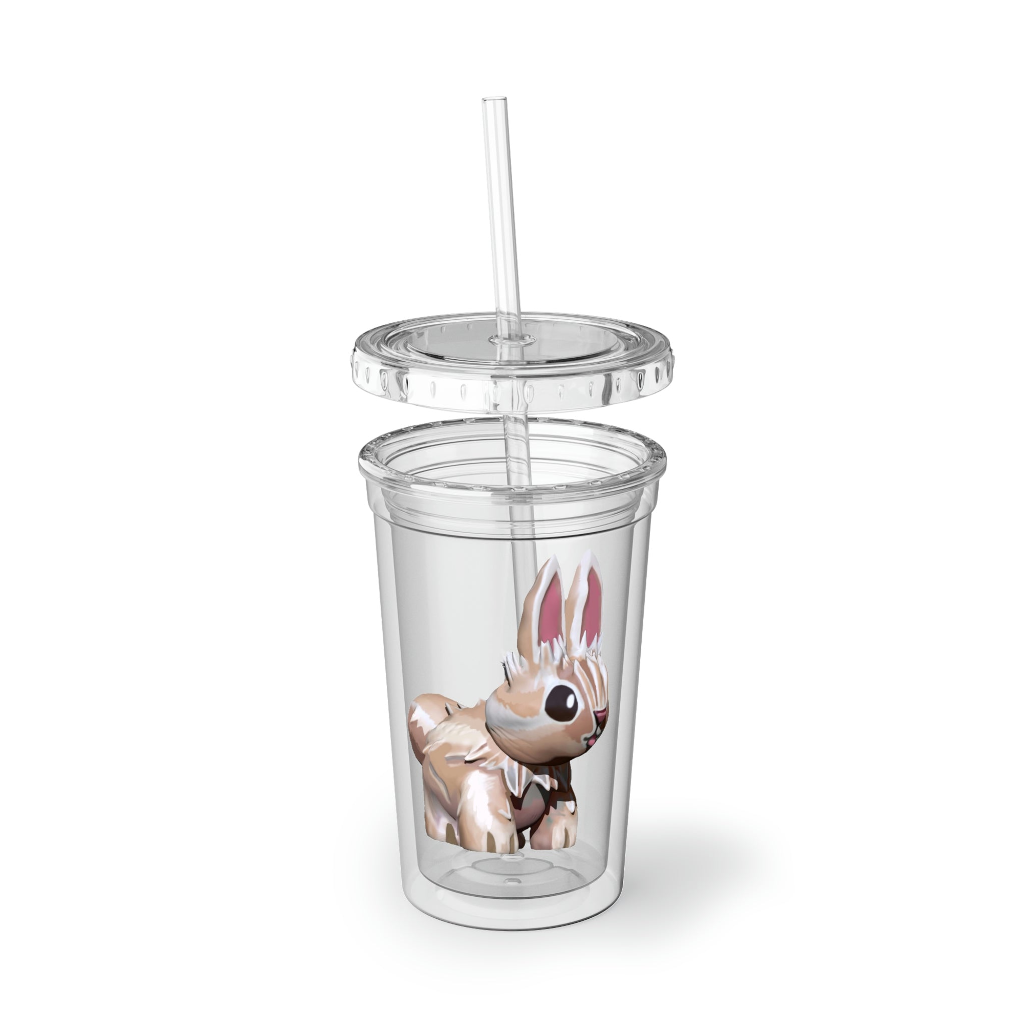 Bunny Suave Acrylic Cup with a vibrant design, featuring a plastic lid and straw, showcasing its double-wall insulation.