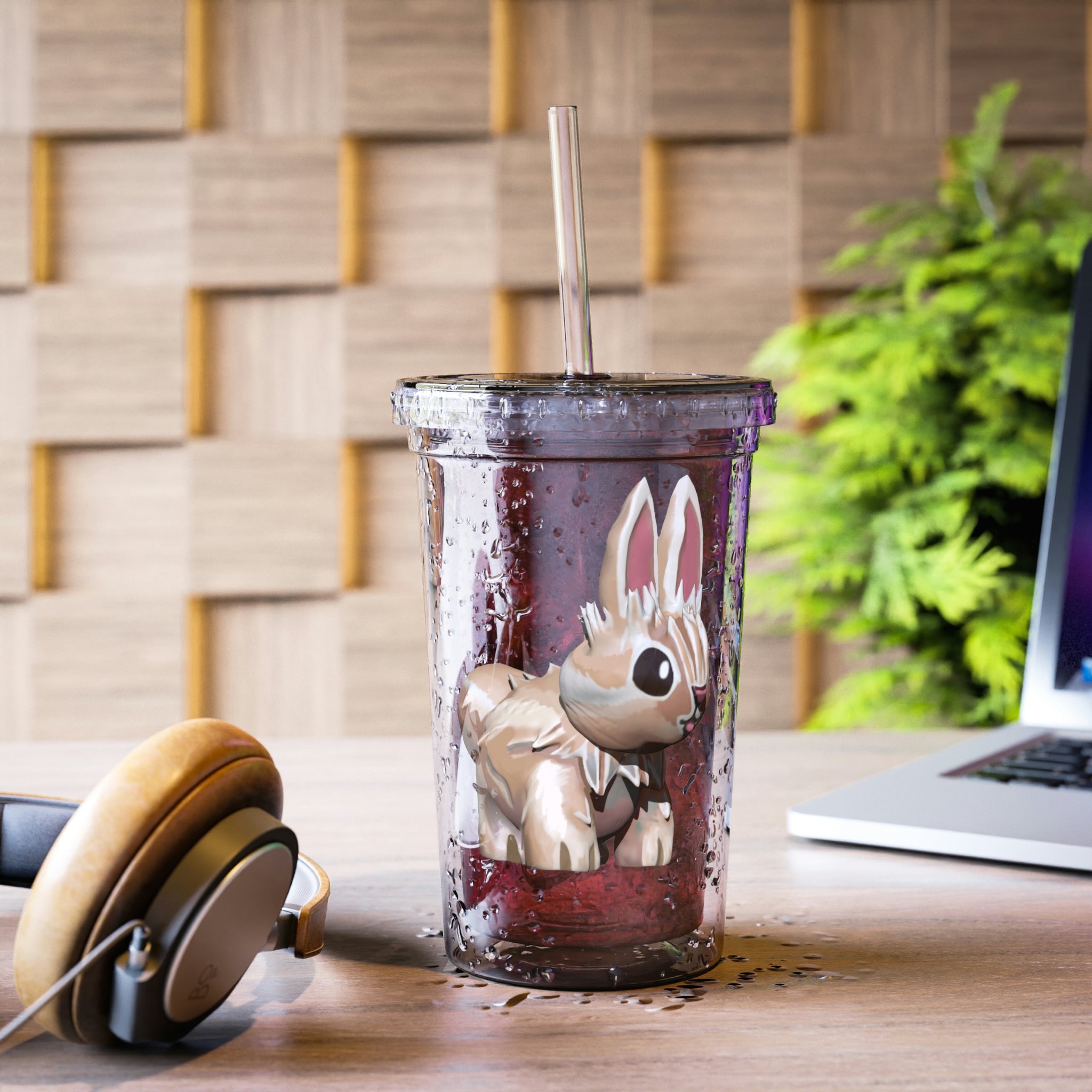 Bunny Suave Acrylic Cup with a vibrant design, featuring a plastic lid and straw, showcasing its double-wall insulation.