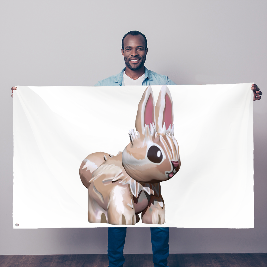 A vibrant Bunny Sublimation Flag measuring 5FT X 3FT, made from durable polyester fabric with double-stitched edges and eyelets for easy hanging.