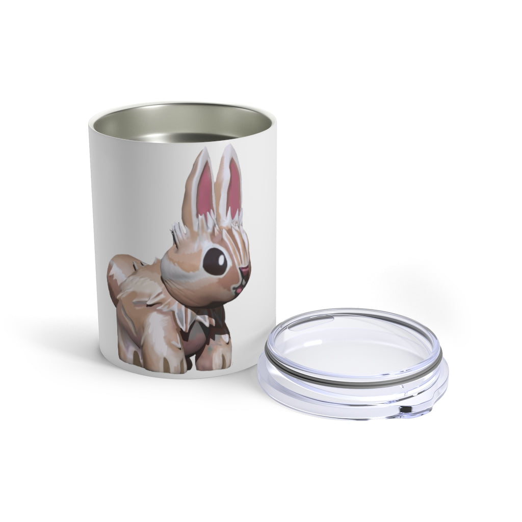 Bunny Tumbler 10oz in stainless steel with a see-thru plastic lid, showcasing its sleek design and rounded corners.